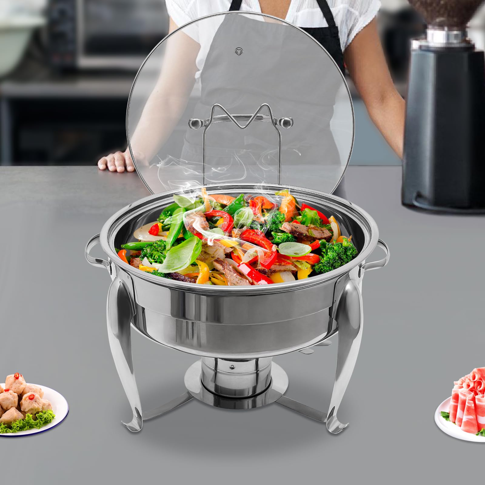 Contenitore per alimenti in acciaio inox, rotondo Chafing Dish, isolante alimentare, contenitore per buffet, per chafing dishes, per catering, buffet e feste (6 l)