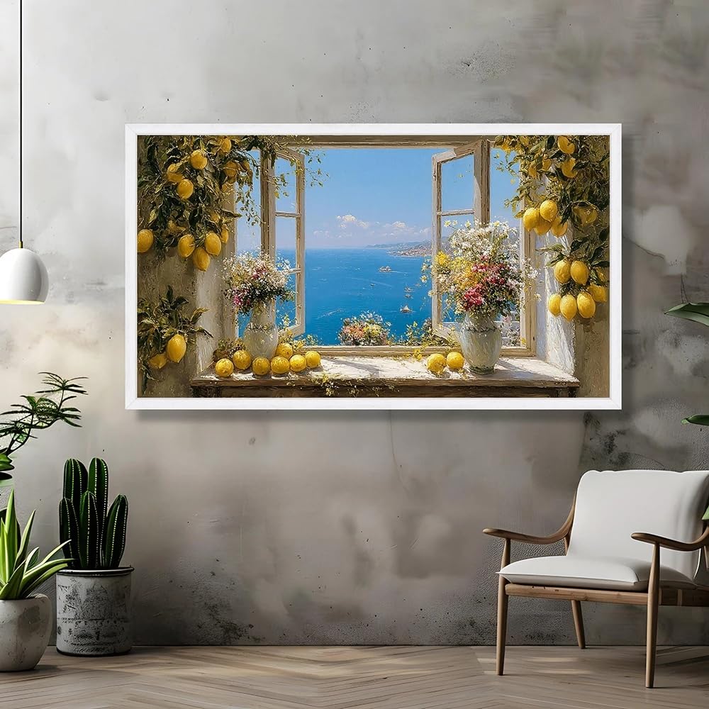 Dittelle Canvas Prints Mediterranean Sea view, wall art open window, lemon tree and flower still life, coastal home decor(30x60cm/ Frameless)