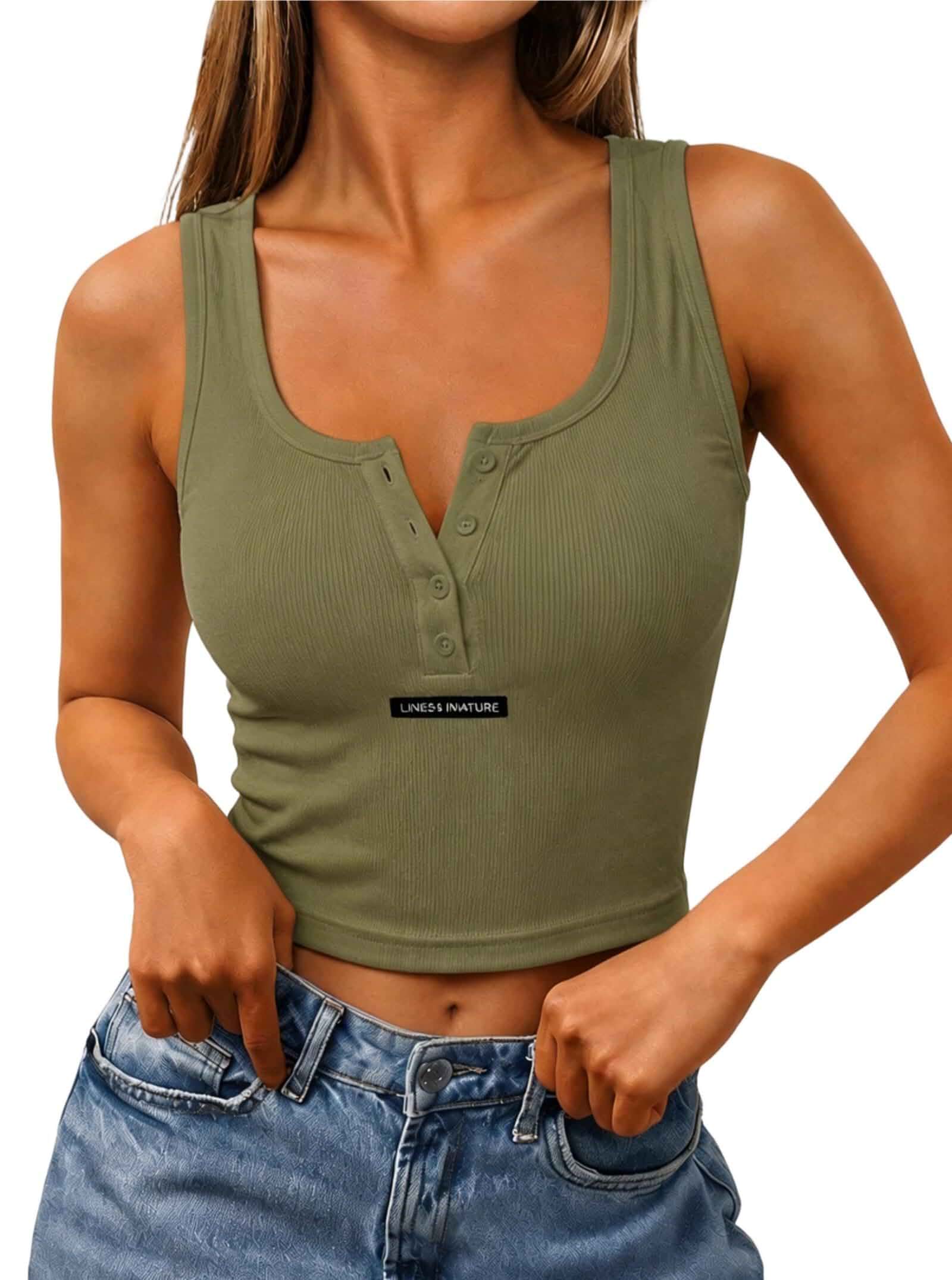Remidoo Women's Henley Crop Tank Tops Sleeveless Button Front Crop Top | Fitted, Ribbed Knit，Summer, Going Out