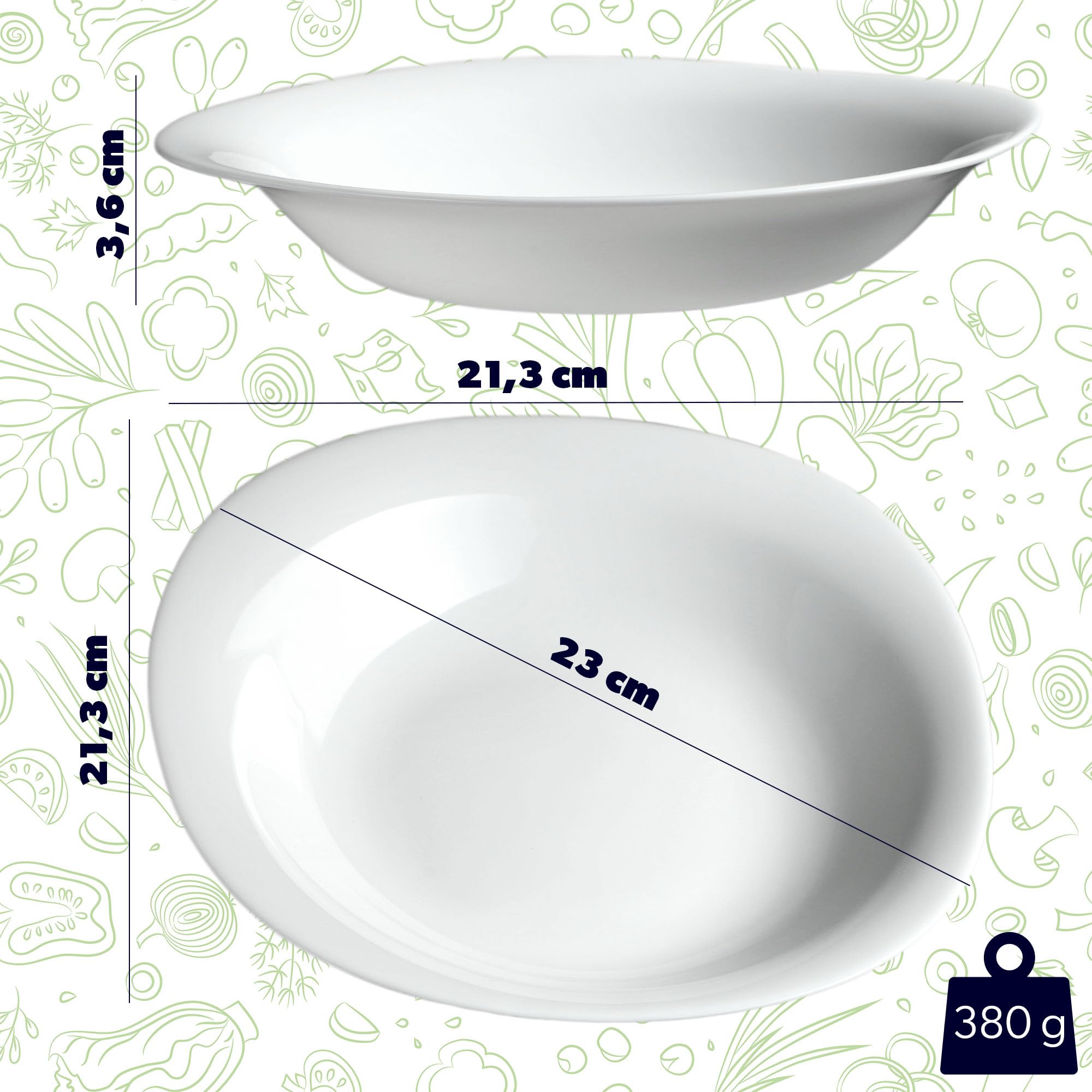 KADAX Zestaw 6 szt. Talerze głębokie 23cm biały, szkło hartowane, bezpieczne w zmywarce, do serwowania zup, makaronów i sałatek