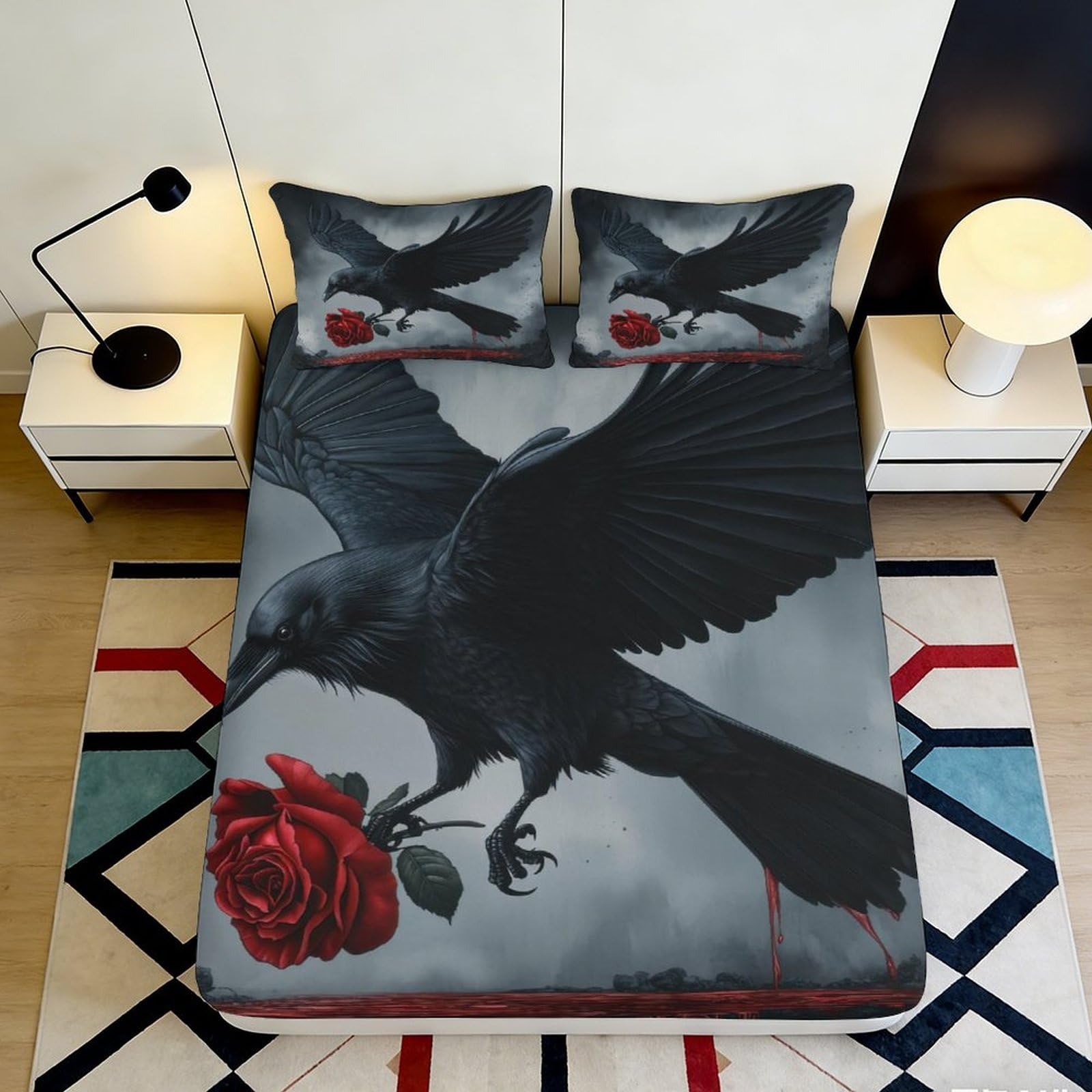3D Printed Raven and Rose Fitted Sheet Microfiber Soft Durable Gothic Bird Bed Cover for Bedroom Dormitory Guest Room Mattress Protection 140x200x25cm