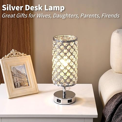 Miniatura 4 de Lámpara de mesa de cristal, lámpara táctil plateada para mesita de noche, lámpara de escritorio con 2 puertos de carga USB, mesita de noche, luz