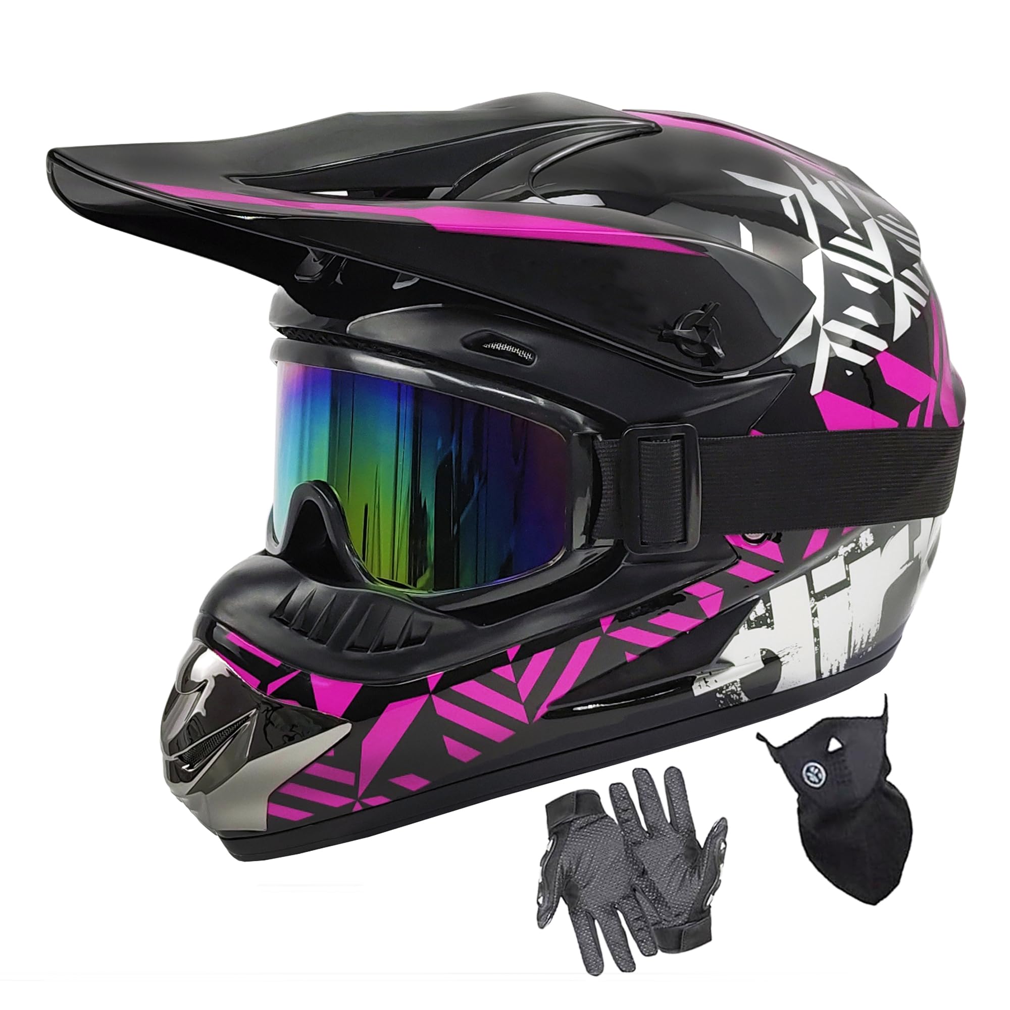 Youth Dirt Bike Helmets Fashion Kids Children Motocross, Motorcycle, BMX, ATV, Off-Road, Four Wheeler, Moutain Bike Full Face Helmets Dot Approved (Goggles Gloves Faceshield)