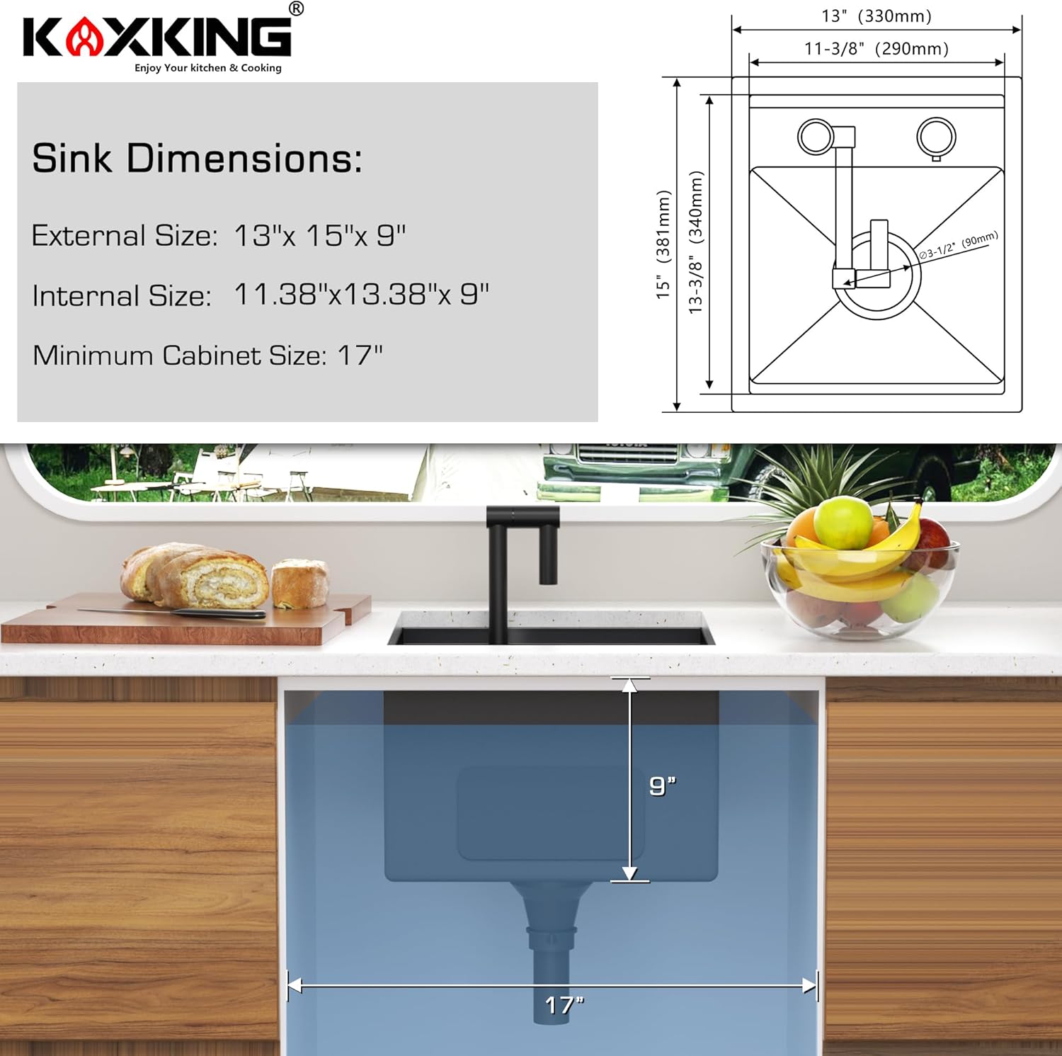 RV Kitchen Sink 13x15 Inch with Foldable Faucet, Nano Black 16 Gauge Stainless Steel Undermount Workstation Sink with Cutting Board Cover, Bottom Grid & Drain Kit