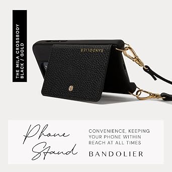Bandolier Mila Crossbody Wallet Phone Case [MagSafe Compatible] for iPhone 15 Pro. 100% Genuine Pebble Leather. Adjustable & Removable Strap. Black with Gold Hardware