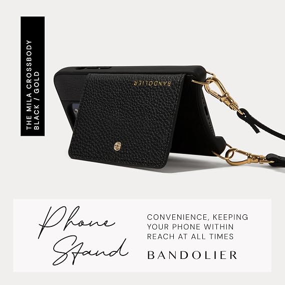 Bandolier Mila Crossbody Wallet Phone Case [MagSafe Compatible] for iPhone 15 Pro. 100% Genuine Pebble Leather. Adjustable & Removable Strap. Black with Gold Hardware