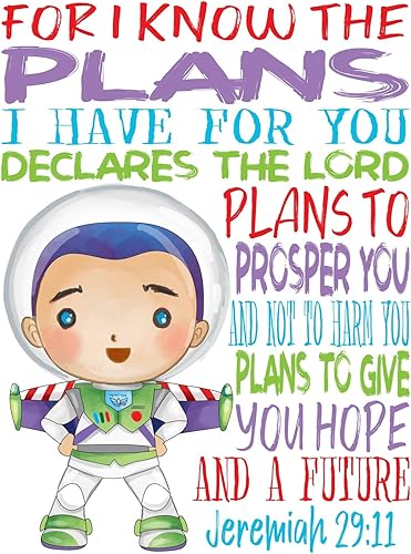 Miniatura 6 de Toy Story - Juego de 4 impresiones de acuarela cristiana sin marco, Woody, Buzz Lightyear, Mr. Potato Head y Alien con versos de la Biblia