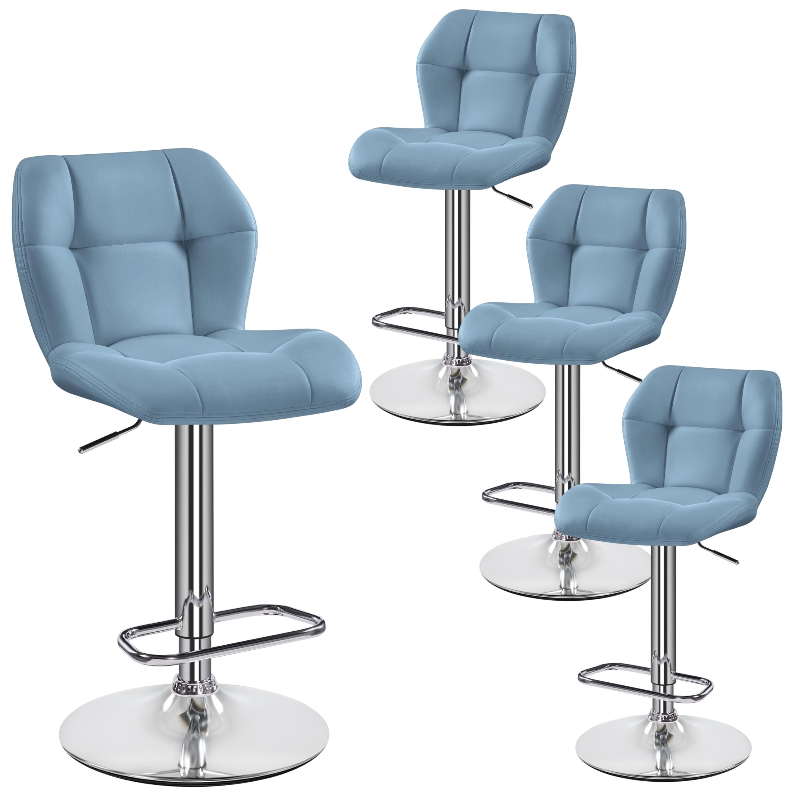 Yaheetech Bar Stools, PU Leather Breakfast Bar Chairs, Swivel Height Adjustable Barstools, Counter Stools with Backrest for Home Kitchen, Restaurant, Blue, 4PCS