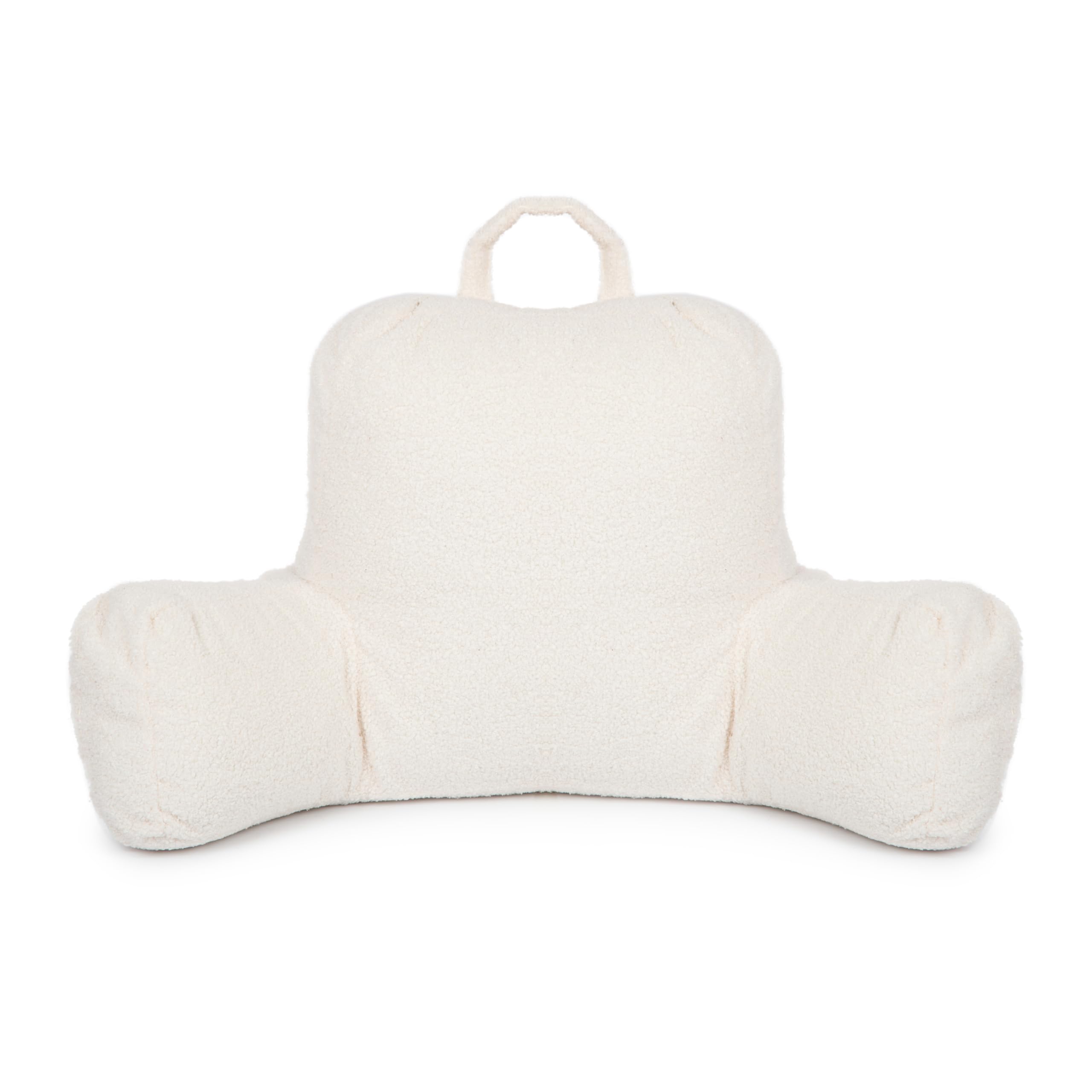 Flumi Rückenlehnenkissen mit Armlehnen zum Lesen Fernsehen oder Entspannen, Lesekissen für Bett und Sofa mit Waschbar Bezug Bettauflage Foam Füllung, Rückenstütze mit Tragegriff (Boucle Beige)