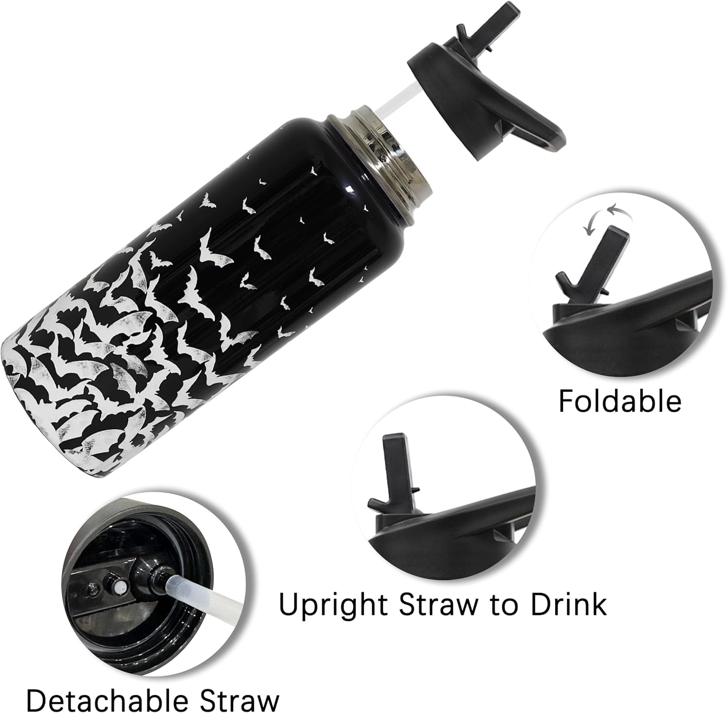 Insulated Halloween Water Bottle 32 oz, Bat Water Bottle with Straw, Reusable Leakproof Water Bottle Stainless Steel, Halloween Gifts for Women