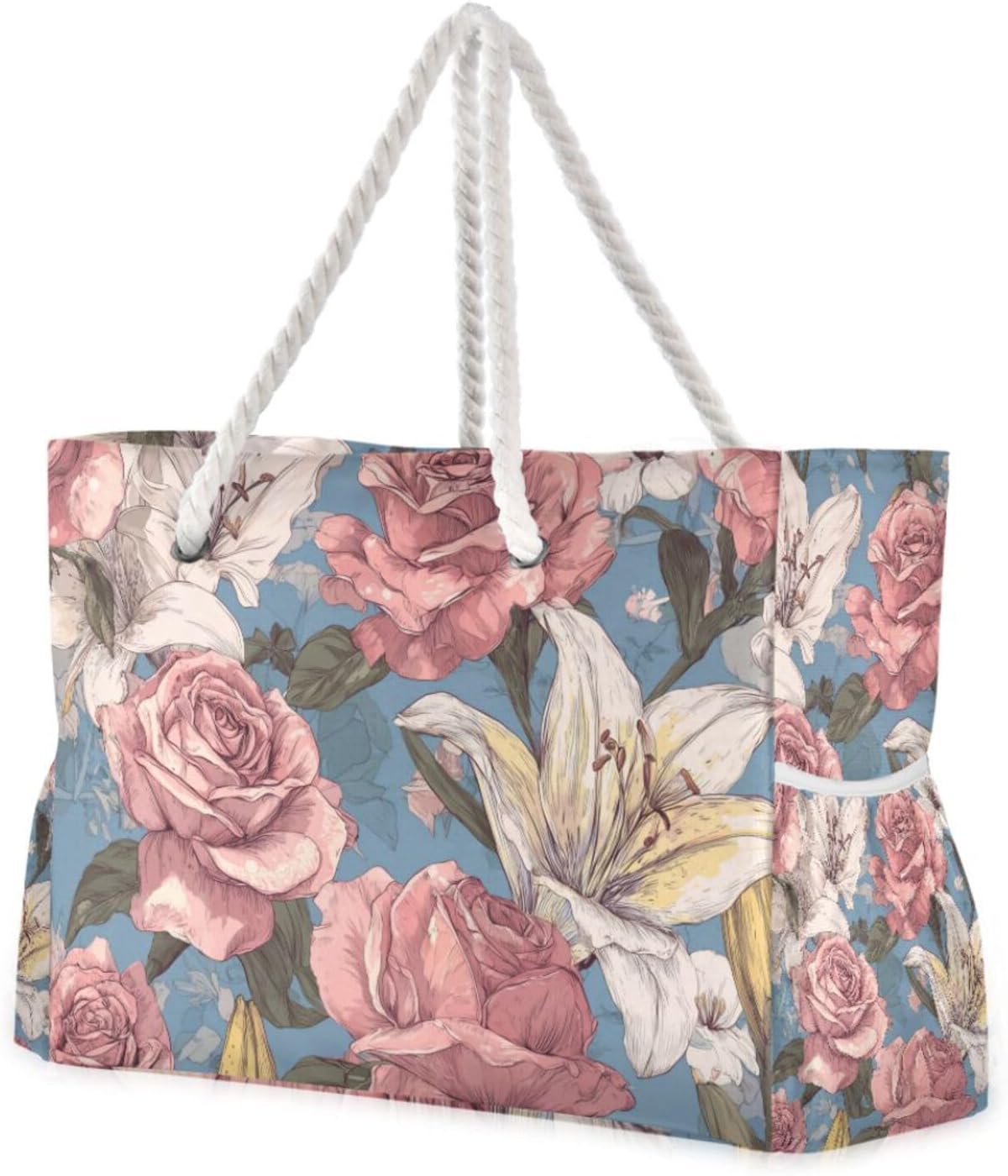 OTVEE Vintage Roses and White Lilies Beach Bags for Women Ladies Large Canvas Tote Shoulder Bag Waterproof Travel Bags for Gym Swim Pool Camping