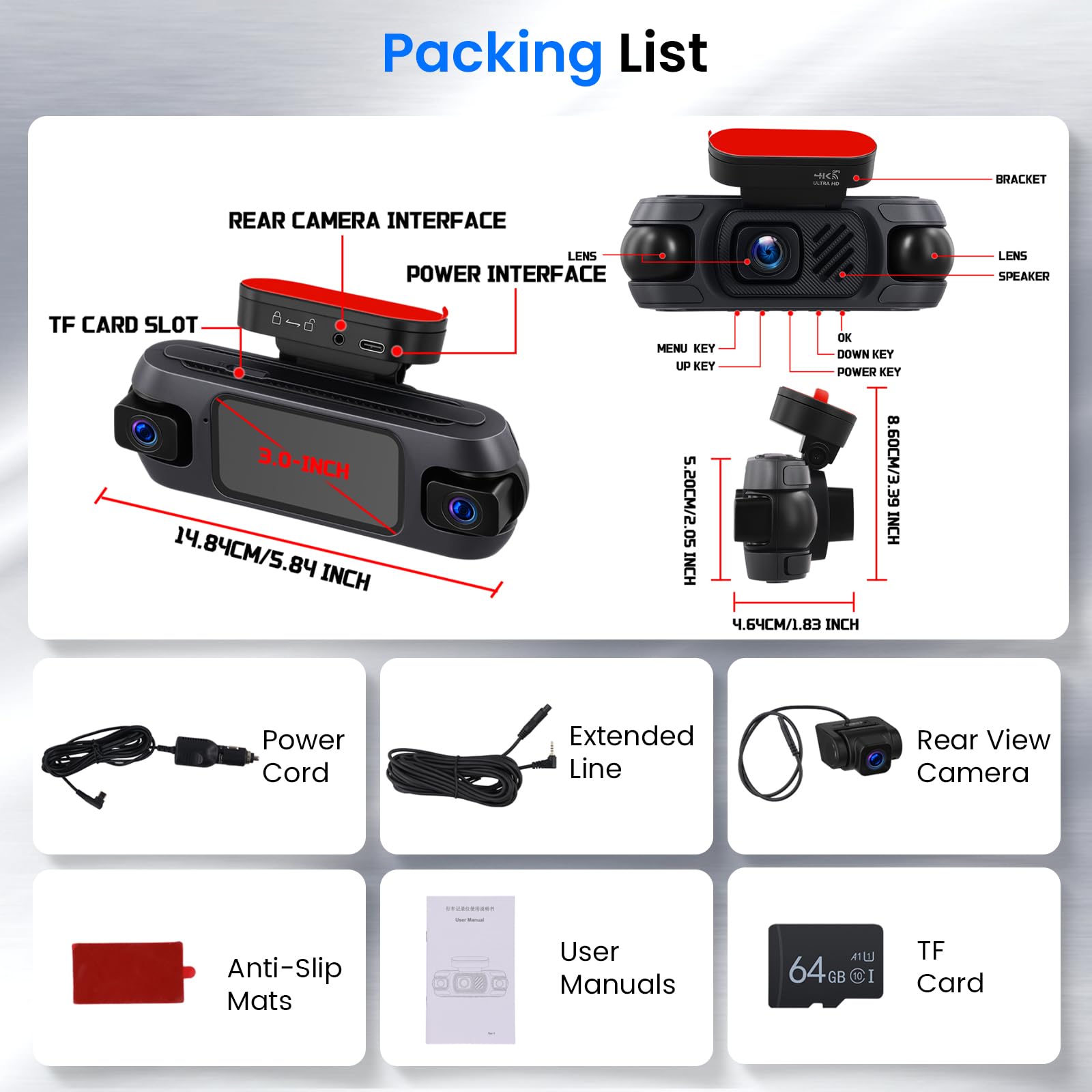 Hodozzy 360° Auto Dashcam 4K mit 5GHz WiFi, 4 Kameras Vorne Hinten, 8 IR-Nachtsicht, 3 Zoll IPS Touchscreen, Loop Aufnahme, G-Sensor, GPS-Ortung,Dash cam mit App-Steuerung
