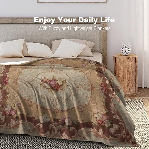 Miniatura 5 de Manta de franela de lana Aubusson francesa con rosas antiguas, 50 x 40 pulgadas, manta ligera y esponjosa para invierno y otoño, acogedora y suave