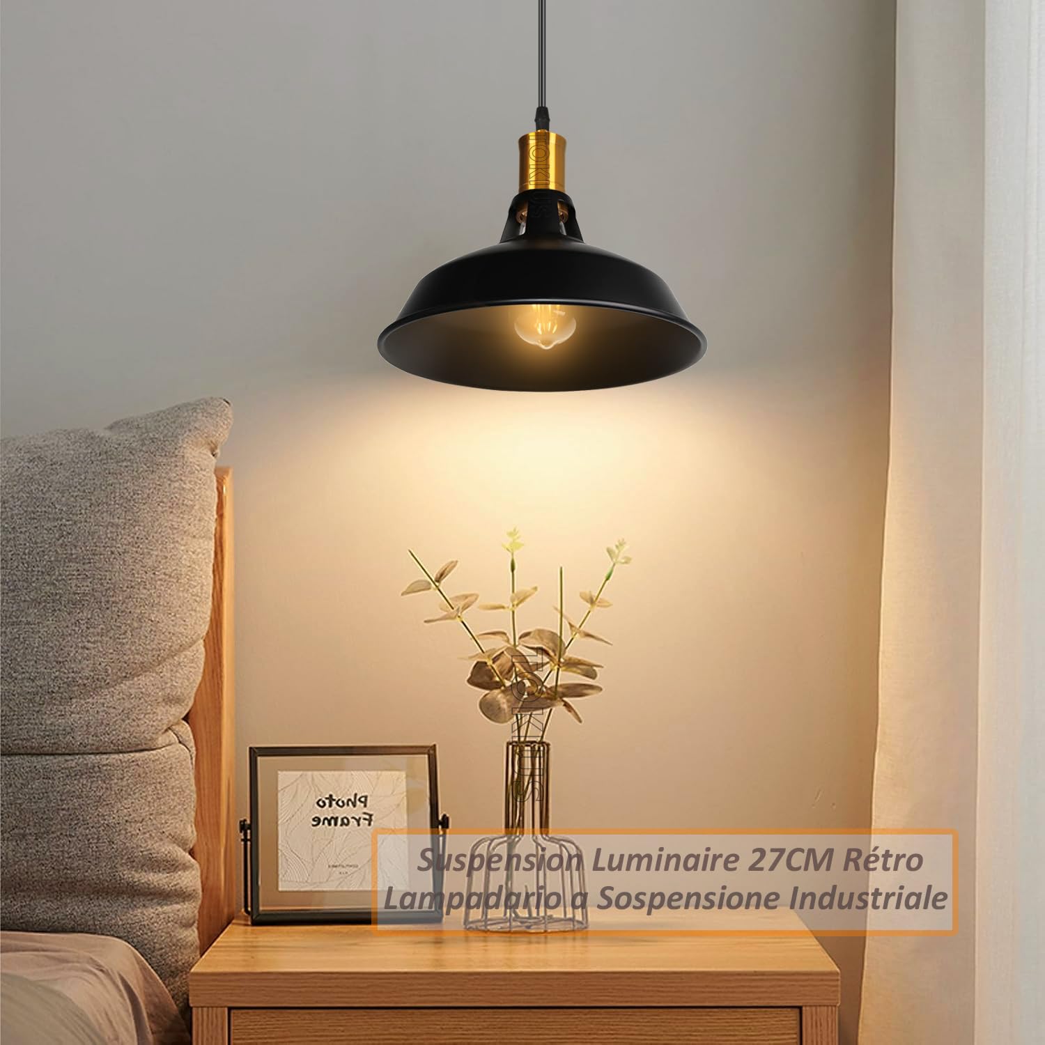 Lampada a Sospensione Industriale Vintage Lampadario Plafoniera E27 in Metallo Ø27cm Lampada da soffitto Retro Interni Per Cucina Camera da letto Sala Da Pranzo (Nero, 3 pezzi)