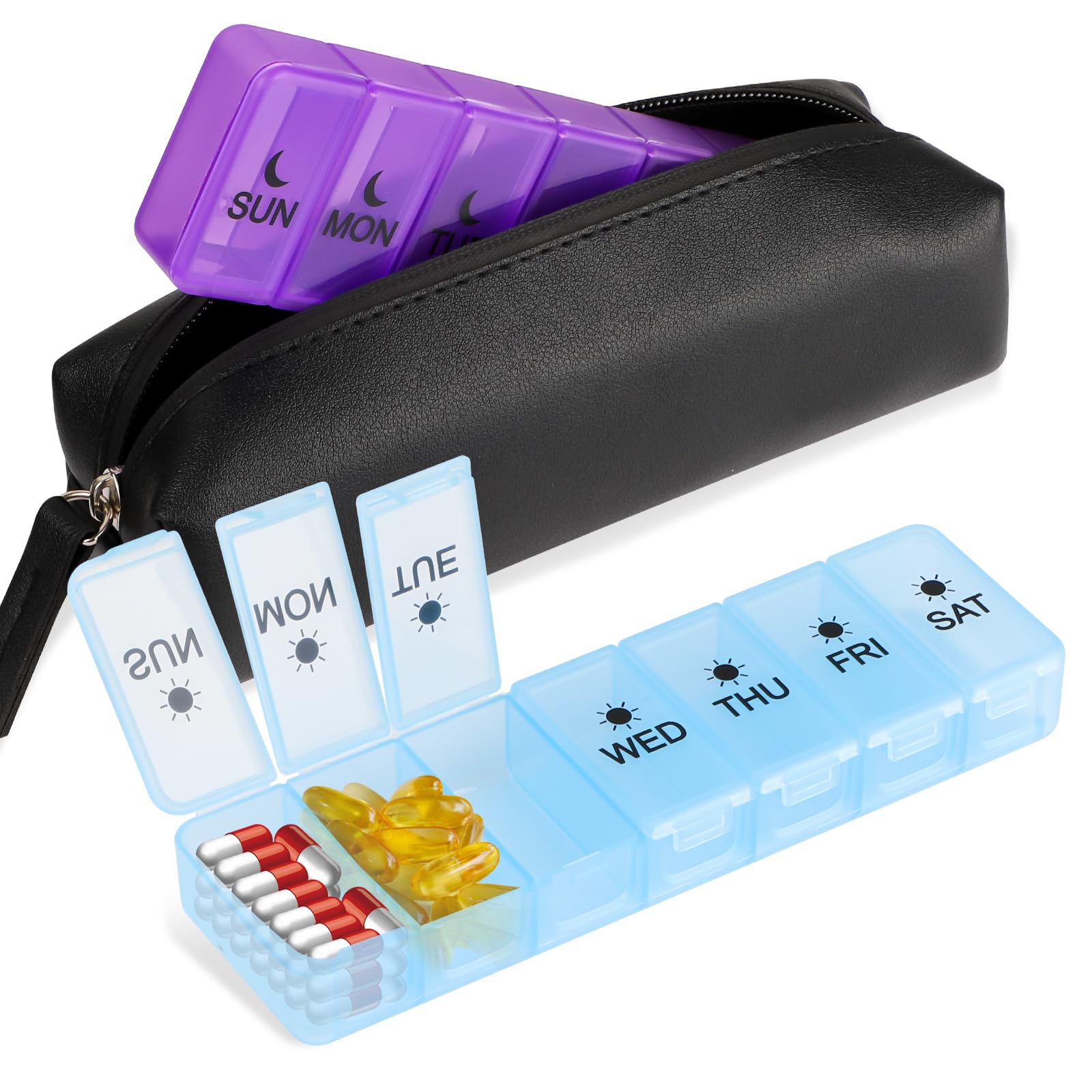 Tanggiteck Detachable 7 Day Pill Box, 14 Compartments Medicine PP Storage Box, BPA-Free Travel Medicine Box with Waterproof Bag, Twice a Day Pill Case