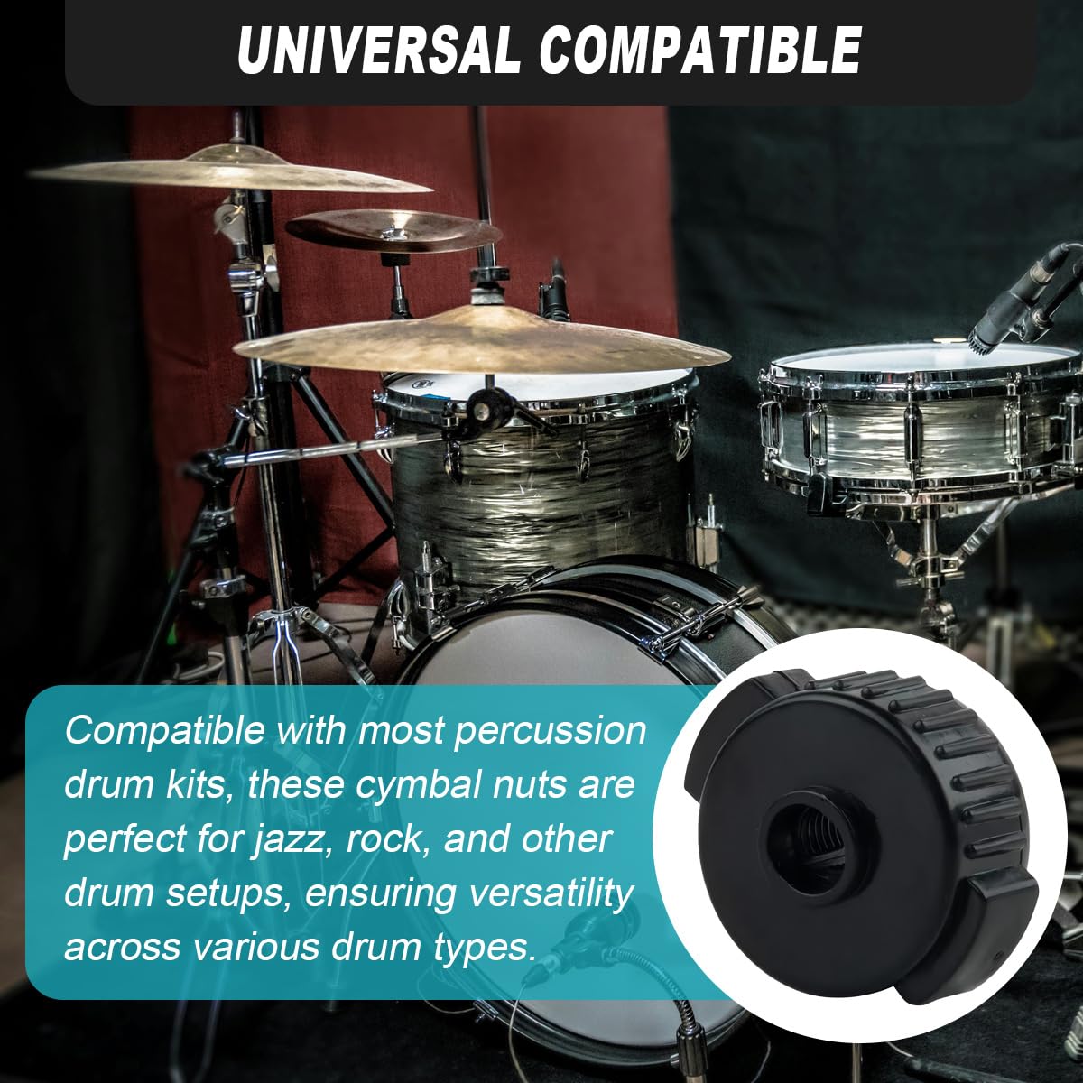 10 pezzi di dadi per piatti a sgancio rapido da 8 mm, bloccaggi per piatti in plastica nera Cymbal Toppers Cymbal Mate Accessori per batteria, con cuscinetti in gel per batteria