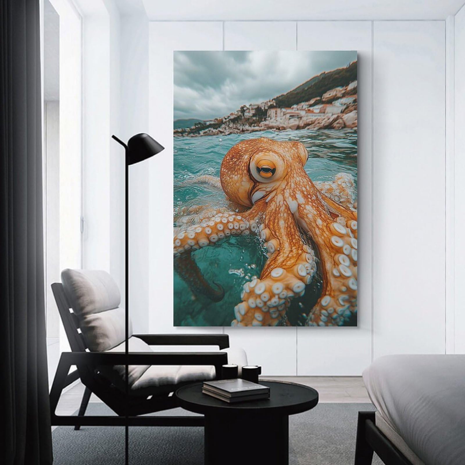 Junmoney Octopus in Turquoise Water Canvas Wall Picture, 20x30inch(50x75cm), for Front Hall, Corridor Or Welcome Spaces, Wall Decor to Refresh Empty Corners