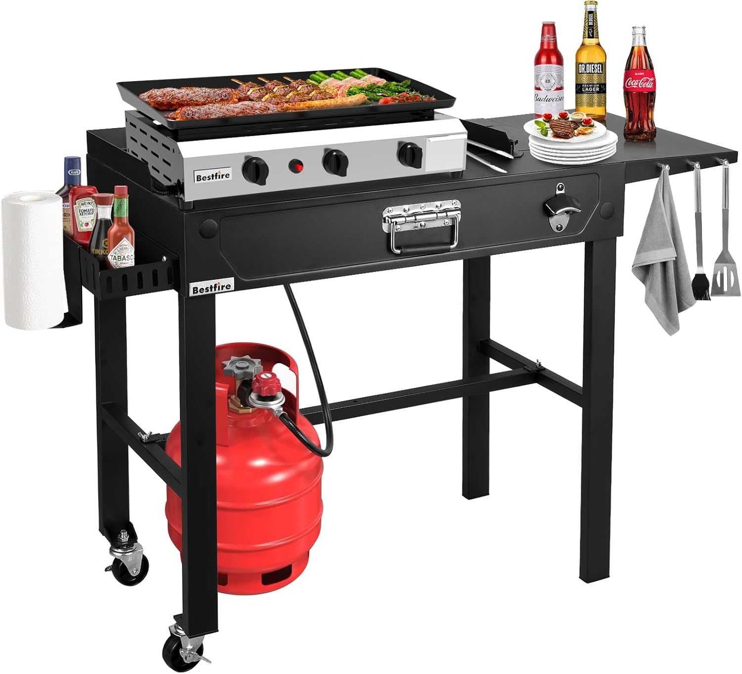 Bestfire Dual Fuel Propane Gas Charcoal Grill Combo Black Dual Lids, Flat Top Grill With 2 Side Shelves for BBQ, Outdoor and Backyard Cooking