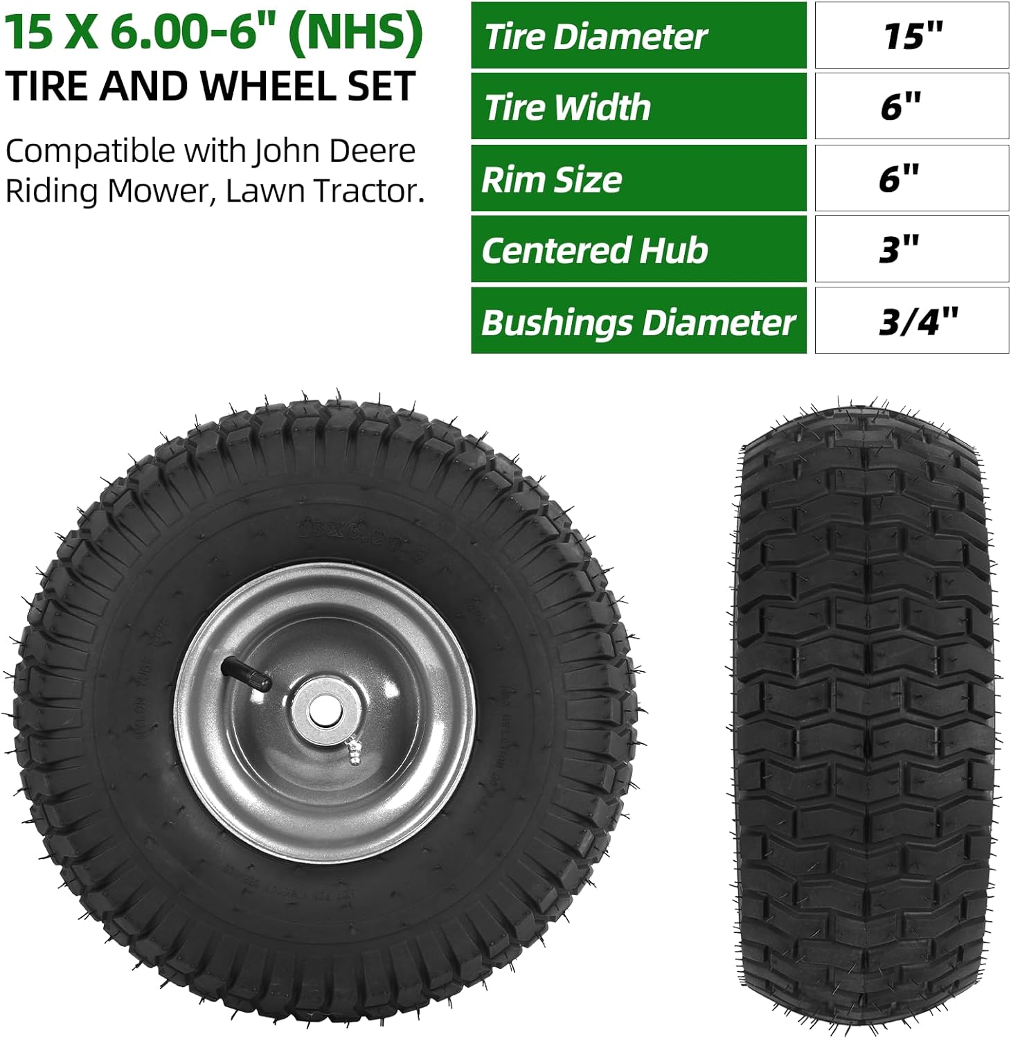 ar-pro (2 pack) 15x6.00-6 front tire and wheel assembly, 15x6-6 lawn mower tire with 3" centered hub & 3/4" bushing, 4-ply pneumatic 15 x 6.00-6" pneumatic (centered hub) gray