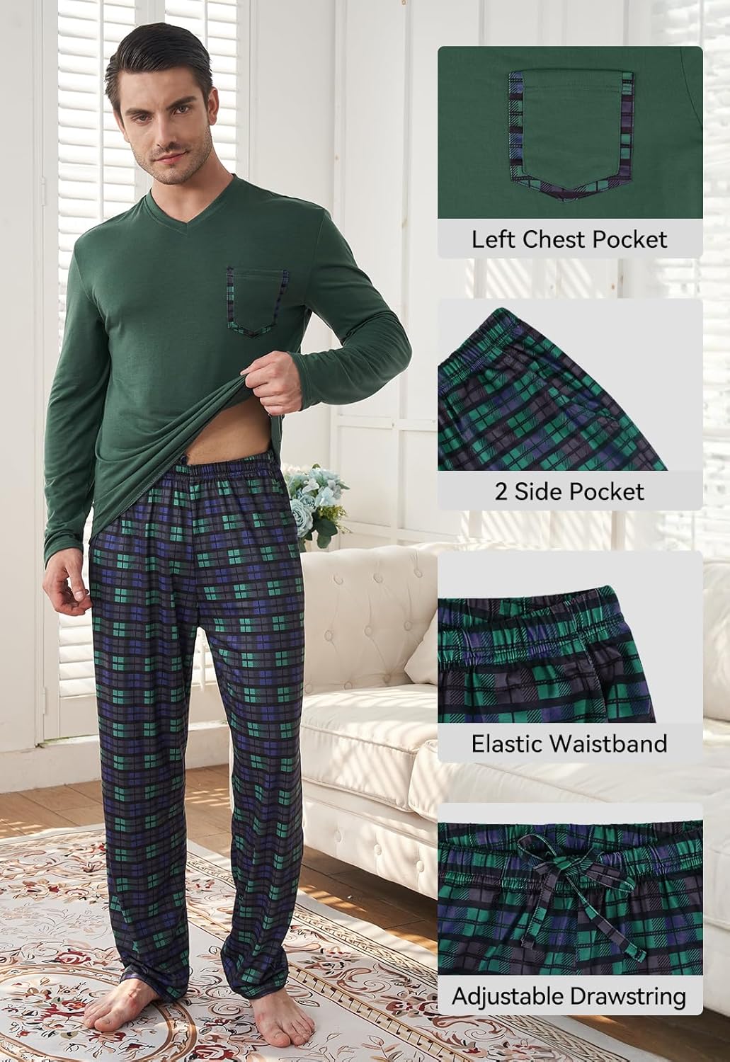 KUYIGO Mens Pajamas Set Sleepwear V Neck Long Sleeve Top and Plaid Pants 2 Piece Pjs Loungewear with Pockets - Image 6