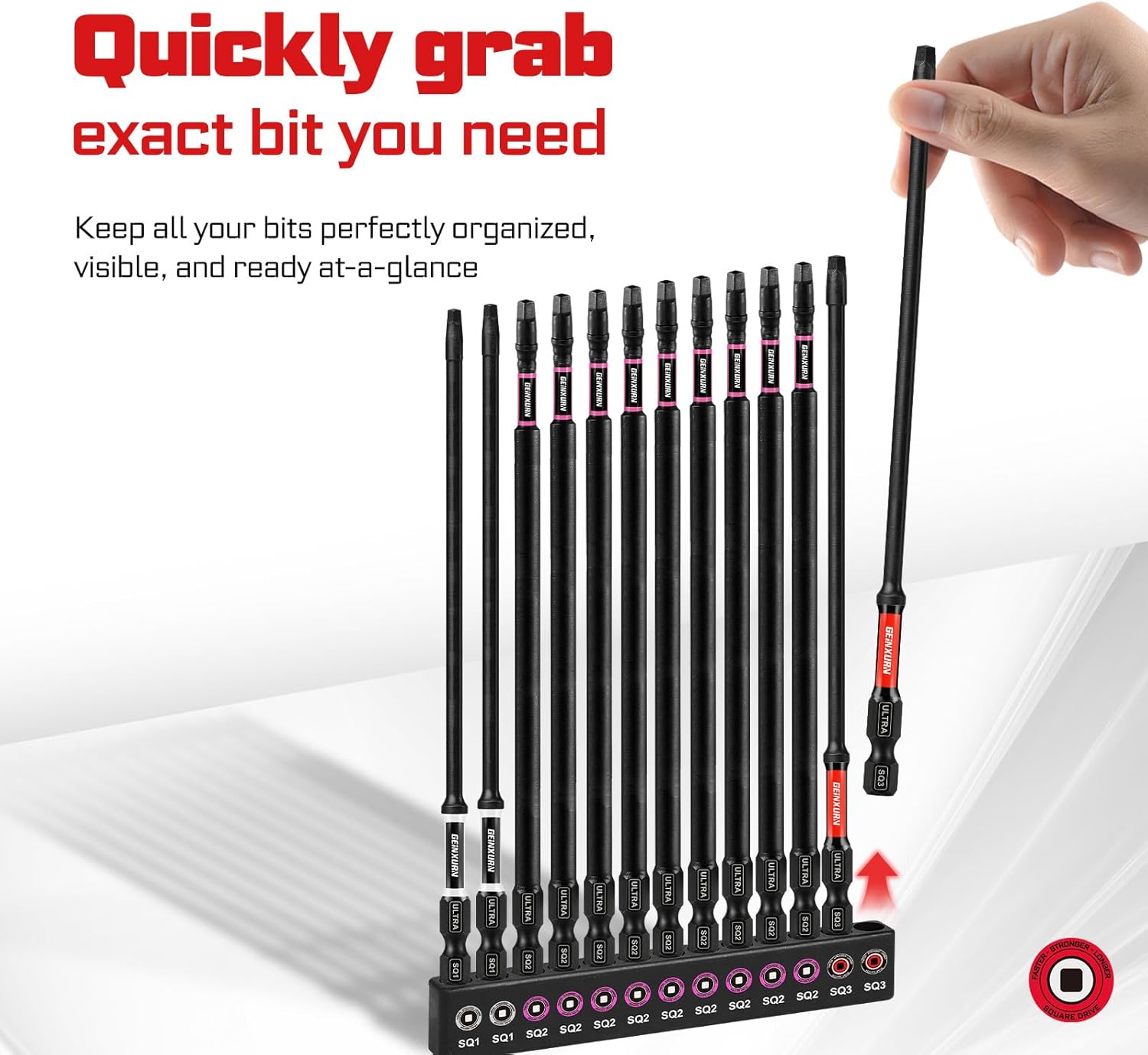 Geinxurn Double Impact #1#2#3 Square Screwdriver Bits Set, 13pcs 6” (PH1/PH2/PH3) Magnetic D2 Steel Long Extension Driver Bits Set with Color Coded Base