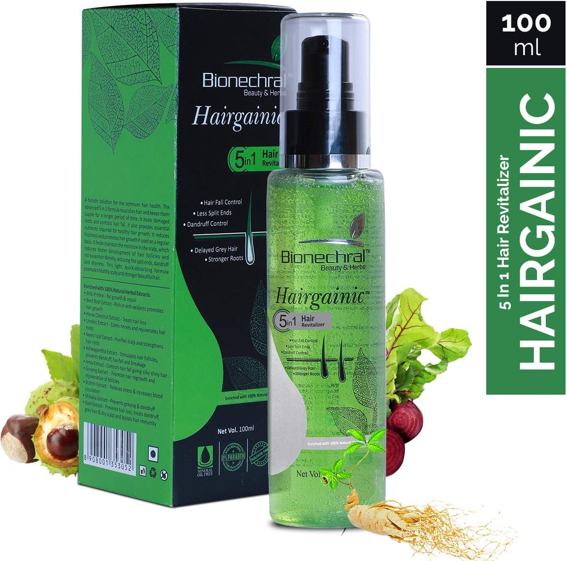 Bionechral Hairgainic 5 in 1 Unisex Hair Revitalizer - A Unique Combination of 11 Precious Herbs, Milk Protein and Vitamin B-7- Biotin without Parabens, Sulphates, Non Sticky, Non Oily