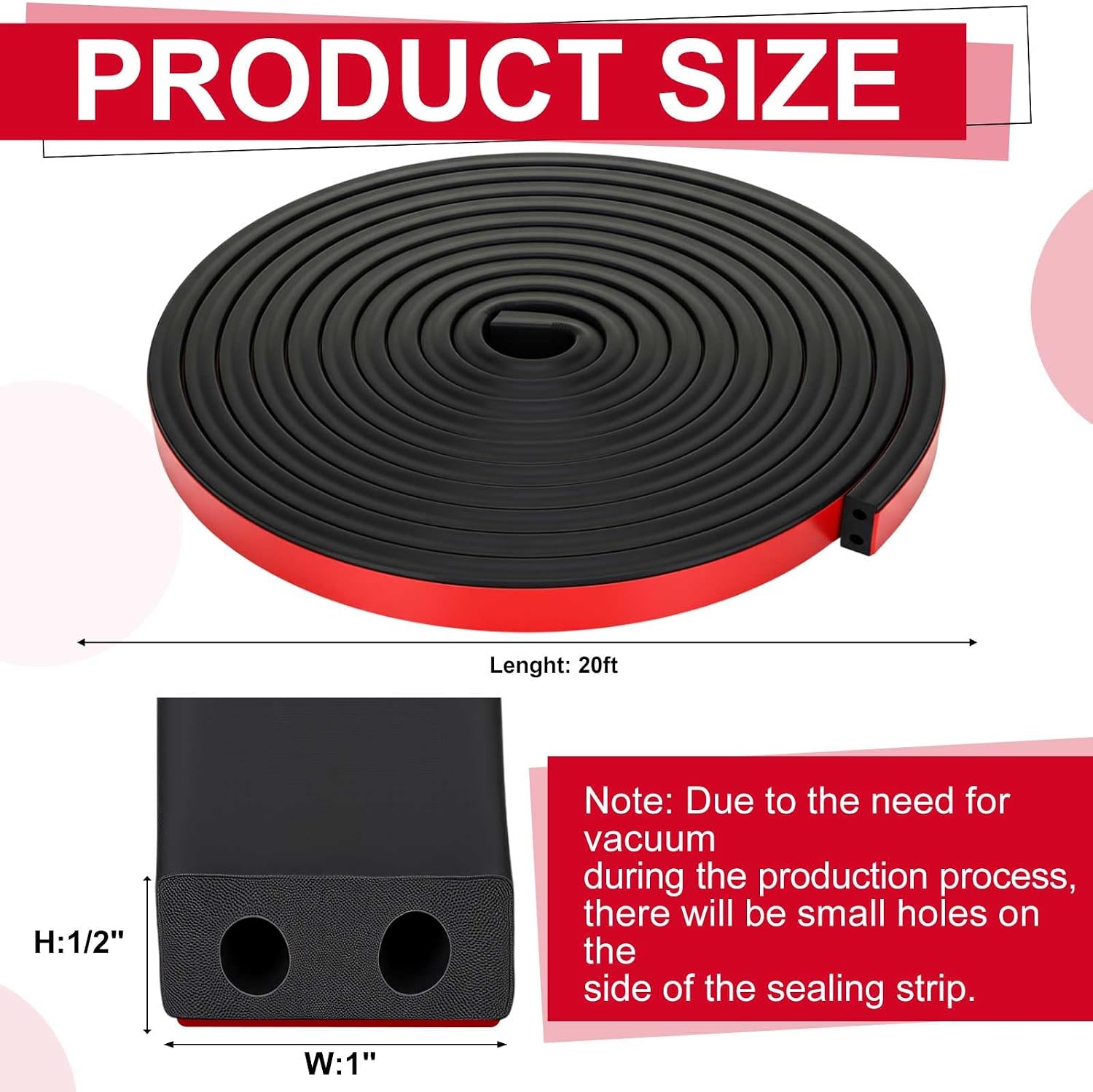 Pangda 20 Ft Rectangular Rubber Seal Strip with Self-Adhesive Tape, 1" W x 1/2" H Foam Rubber Weather Stripping for Boat, Automobile, RV, Ship, Garage Door/Window Seal, Black (Double Hole)