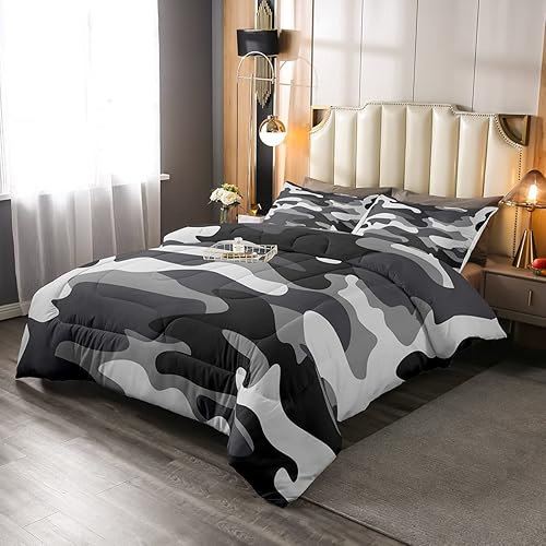 Juego de edredón de plumón de camuflaje individual, juego de ropa de cama de camuflaje militar gris y negro, juego de edredón ligero de 2 piezas