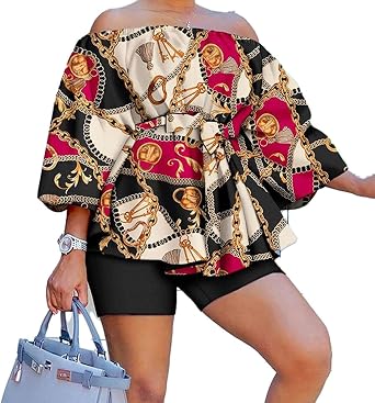 Yeshire 2 Piece Casual Shorts Set Outfits Flare Long Sleeve Off Shoulder Shirt with Waistband Shorts Set