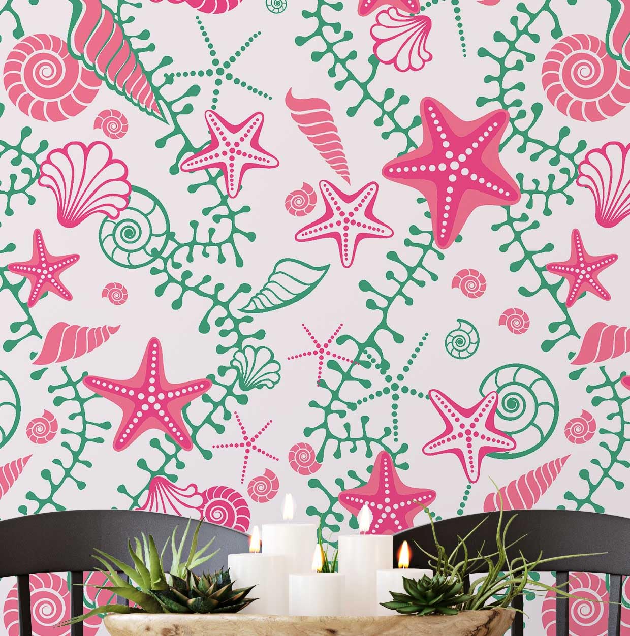 Papier peint étoiles de mer rose S4Sassy, revêtement autocollant 63x304 cm
