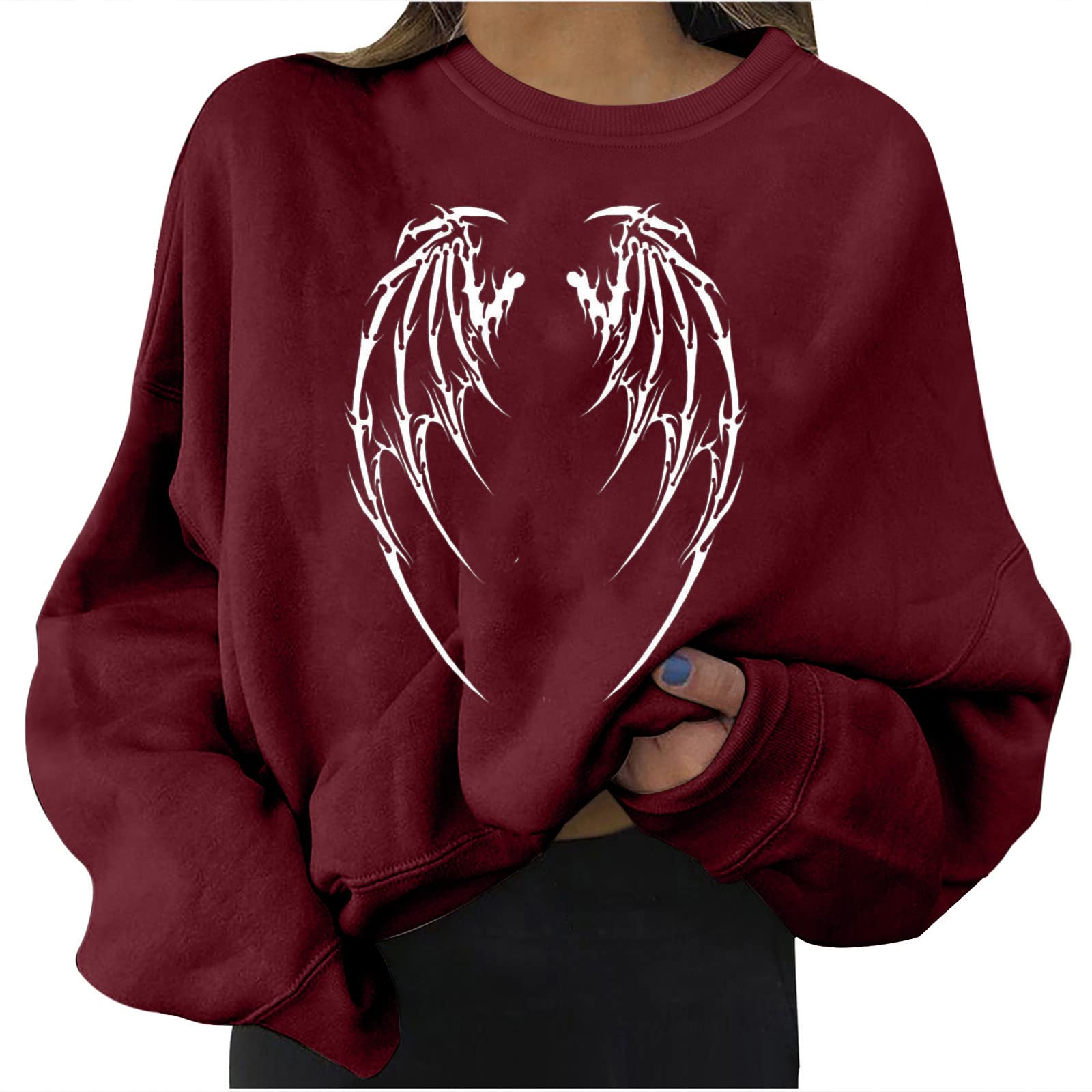 Bluza damska z okrągłym dekoltem 2022, gotycka grafika, długie rękawy, luźna, krótka, bluza na Halloween, top, A1_wine, 38