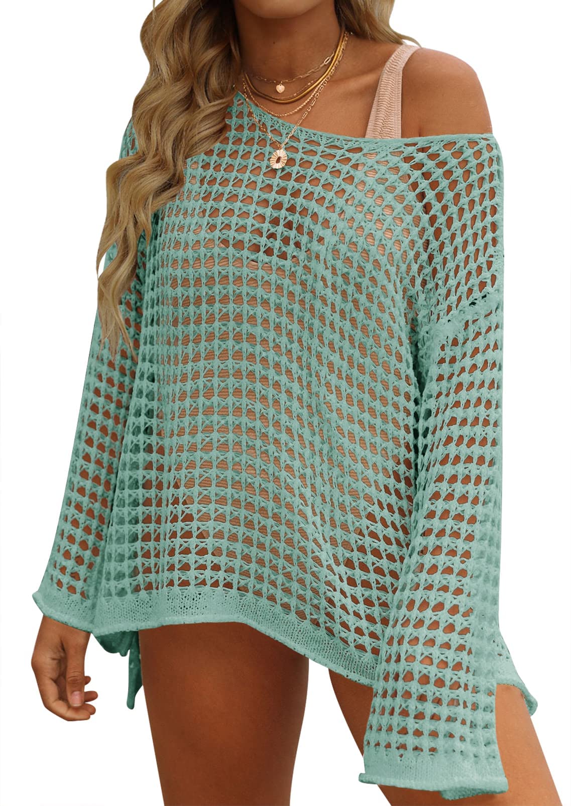 Rayson Vestido de Playa Mujer Bikini Cover Up Fuera del Hombro Elegante Crochet Mangas Largas Sueltas Playa Hueco Traje de Baño