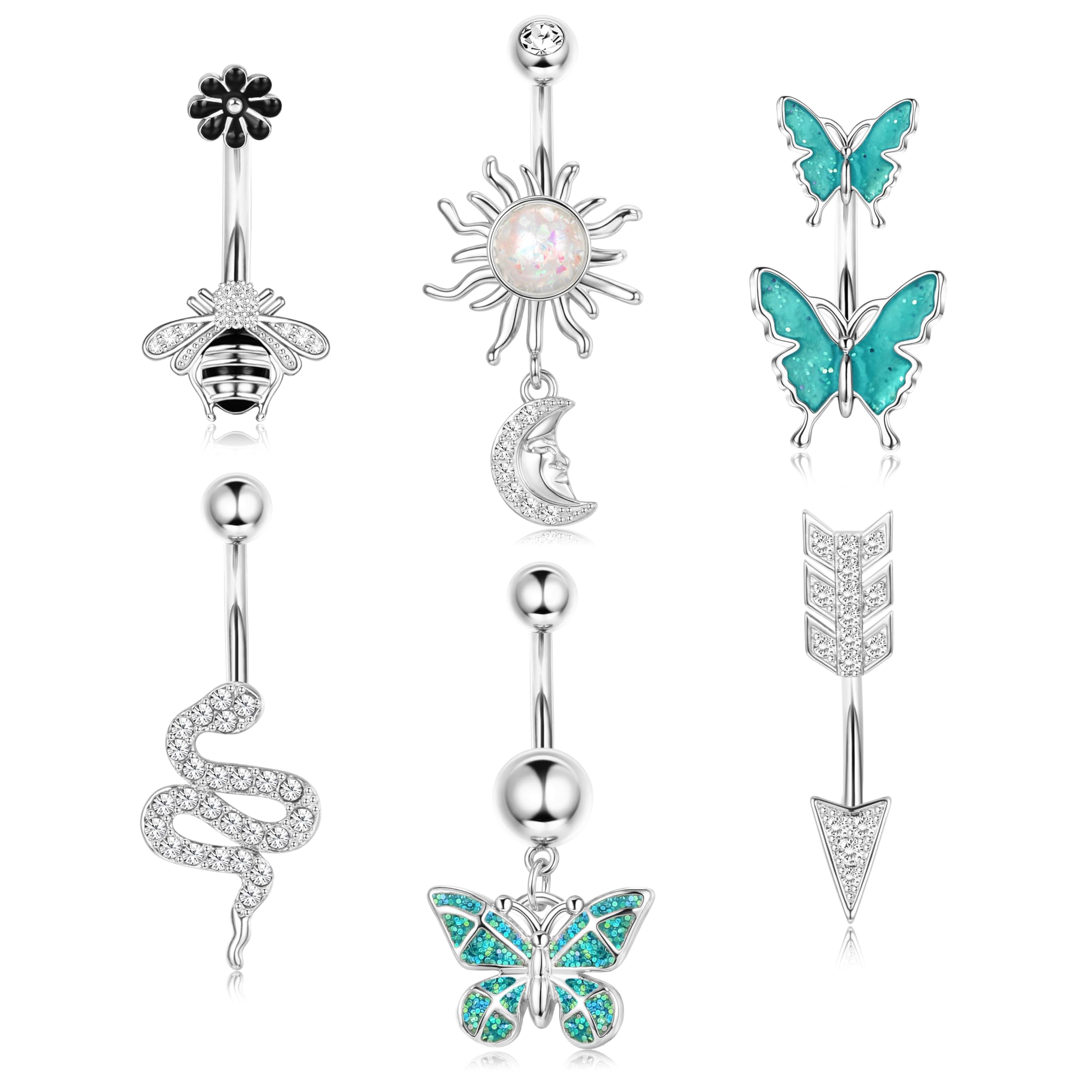 Dochais Lot De 8 Piercings Nombril Acier Inoxydable 14G 10mm – Anneaux Or, Argent, Or Rose Avec Zircone, Papillon, Cœur, Bijoux Nombril Femme Fille