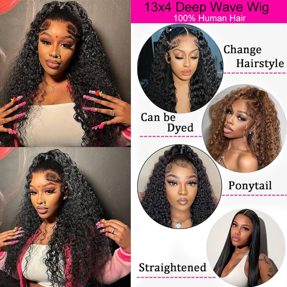 BELE 24 Inch 13x4 Lace Front Wigs Human Hair 200% Density Deep Wave HD Lace Front Wigs Pre Plucked Deep Curly Glueless 13x4 HD Lace Frontal Brazilian Virgin Human Hair Wig for Women