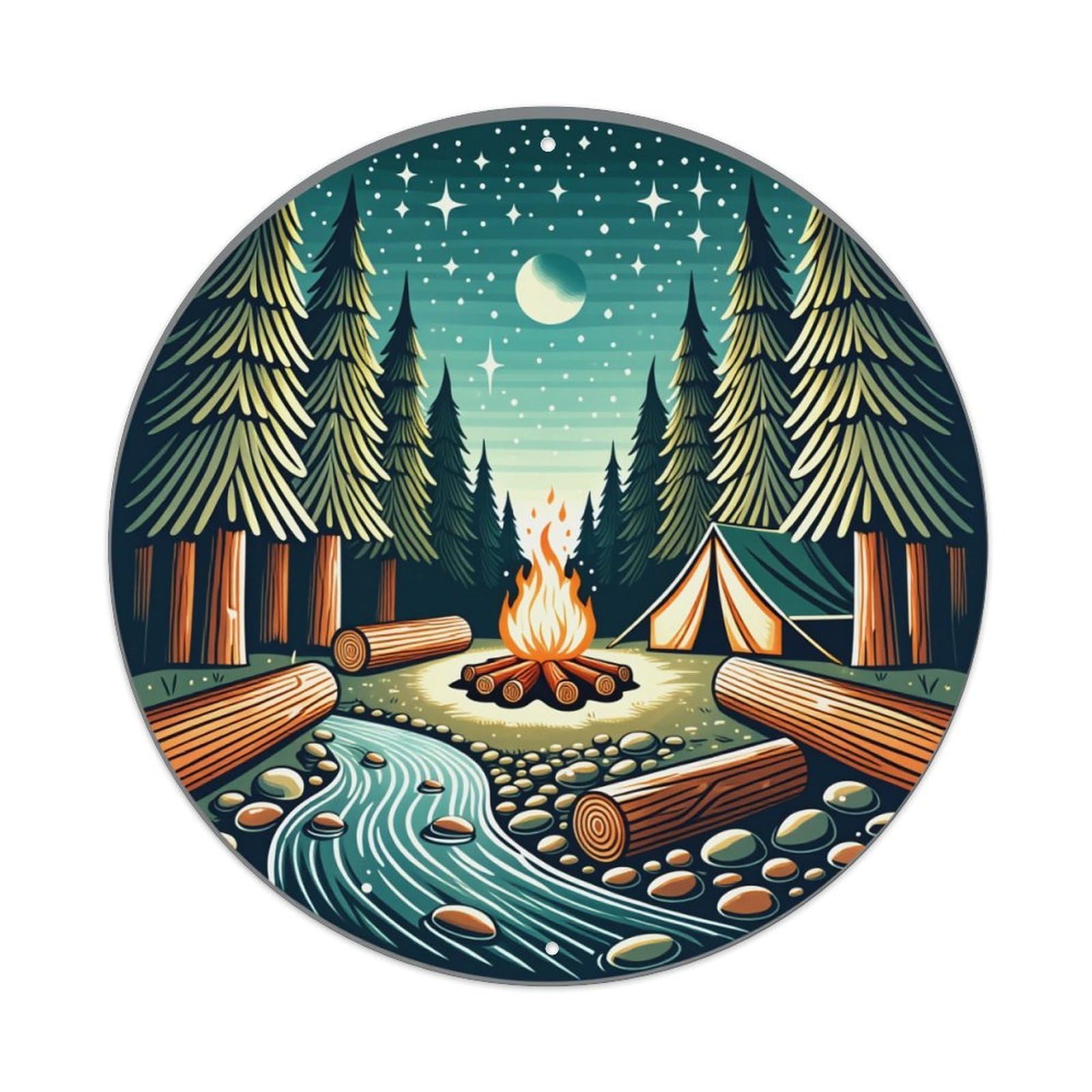 Forest Campfire Night Scene Tent Round Tin Sign Vintage Metal Poster, Home Bar Garage Man Cave Cafe Indoor & Outdoor Wall Decoration 8x8Inches