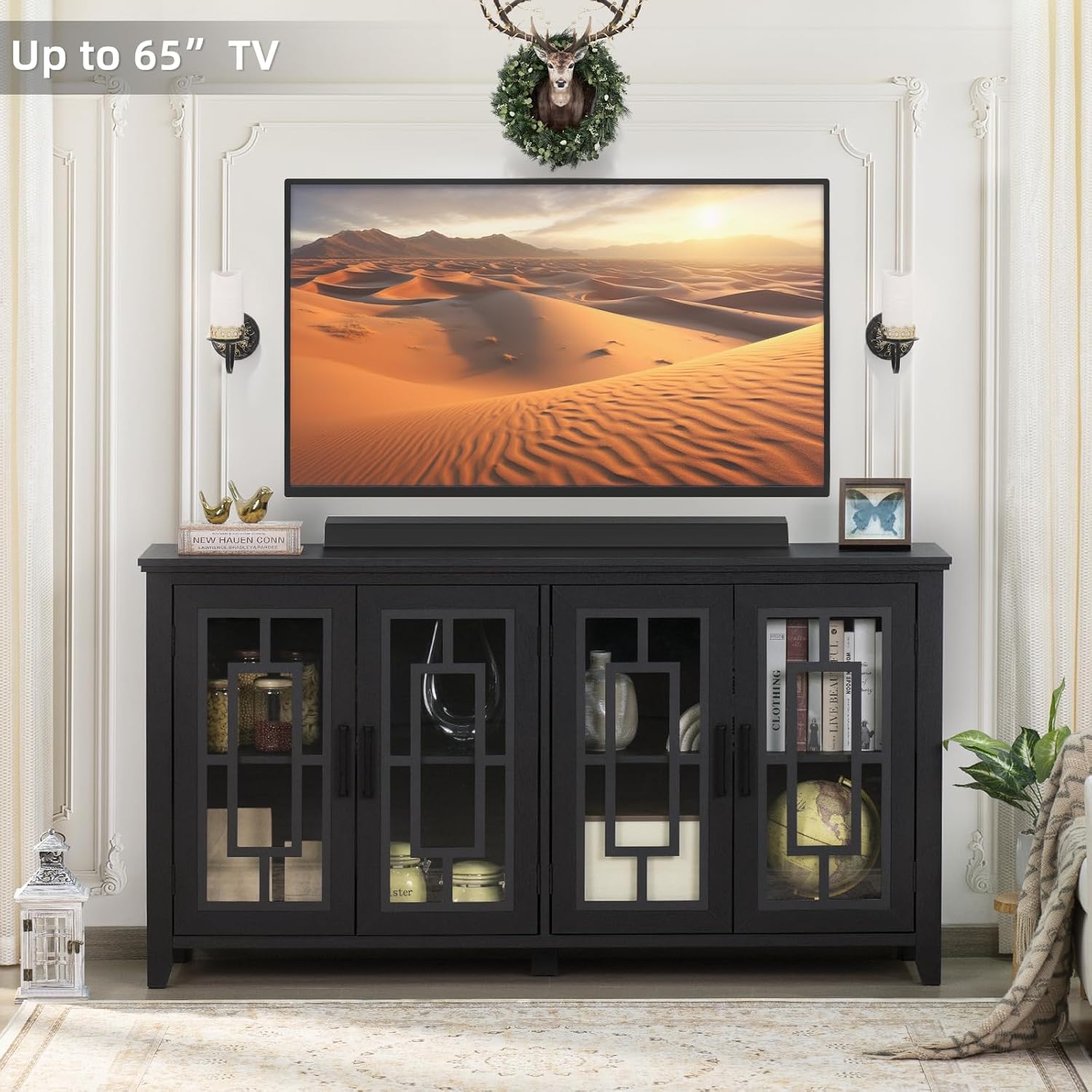 Large Sideboard Buffet Cabinet with Storage, 63" Black Farmhouse Kitchen Coffee Wine Bar Cabinet with 4 Glass Doors, Mid Century Modern Wooden Side Board Table for Dining Room, Living Room