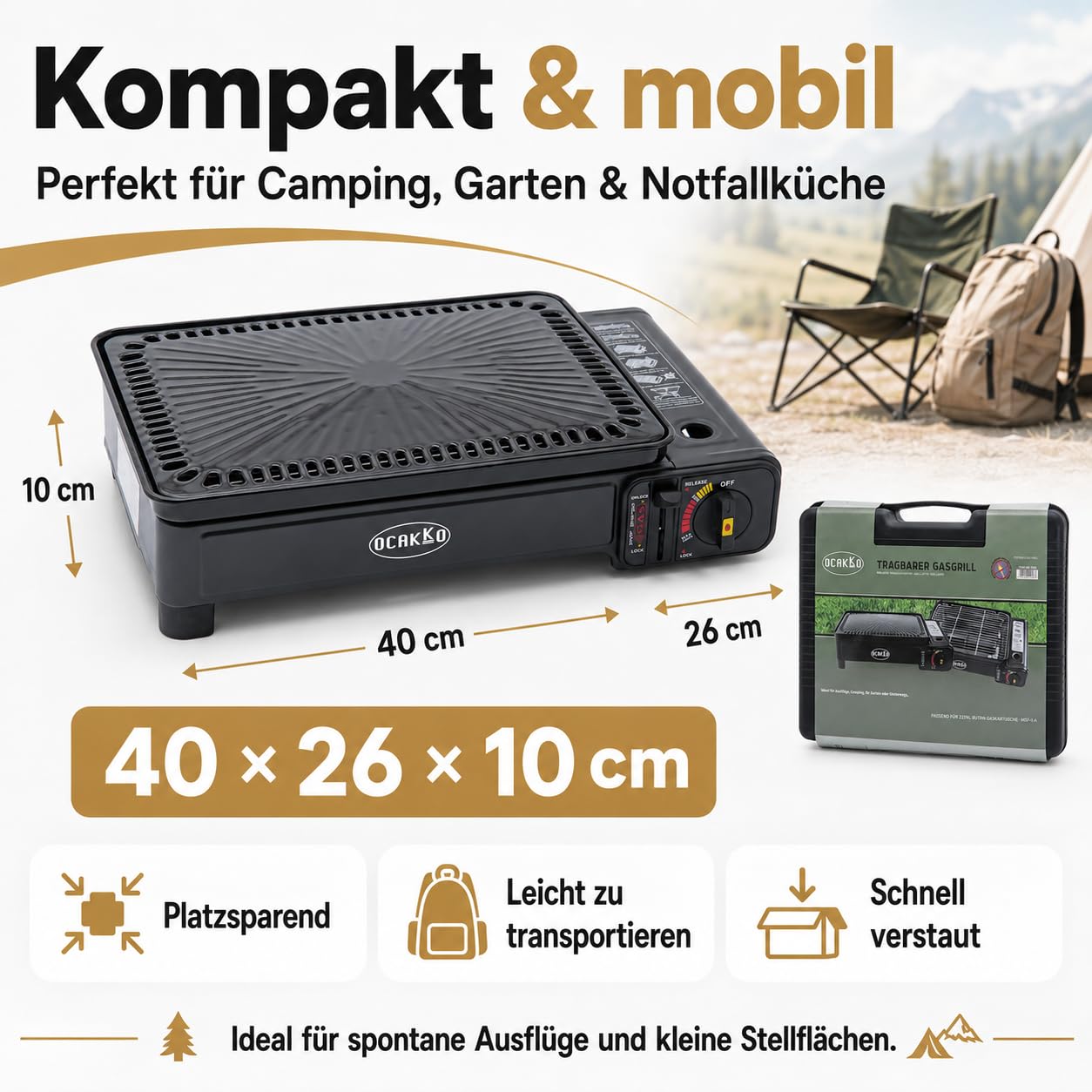 Gasgrill Camping mit 8 Kartuschen Grillplatte Grillrost + Schaschlikpieße