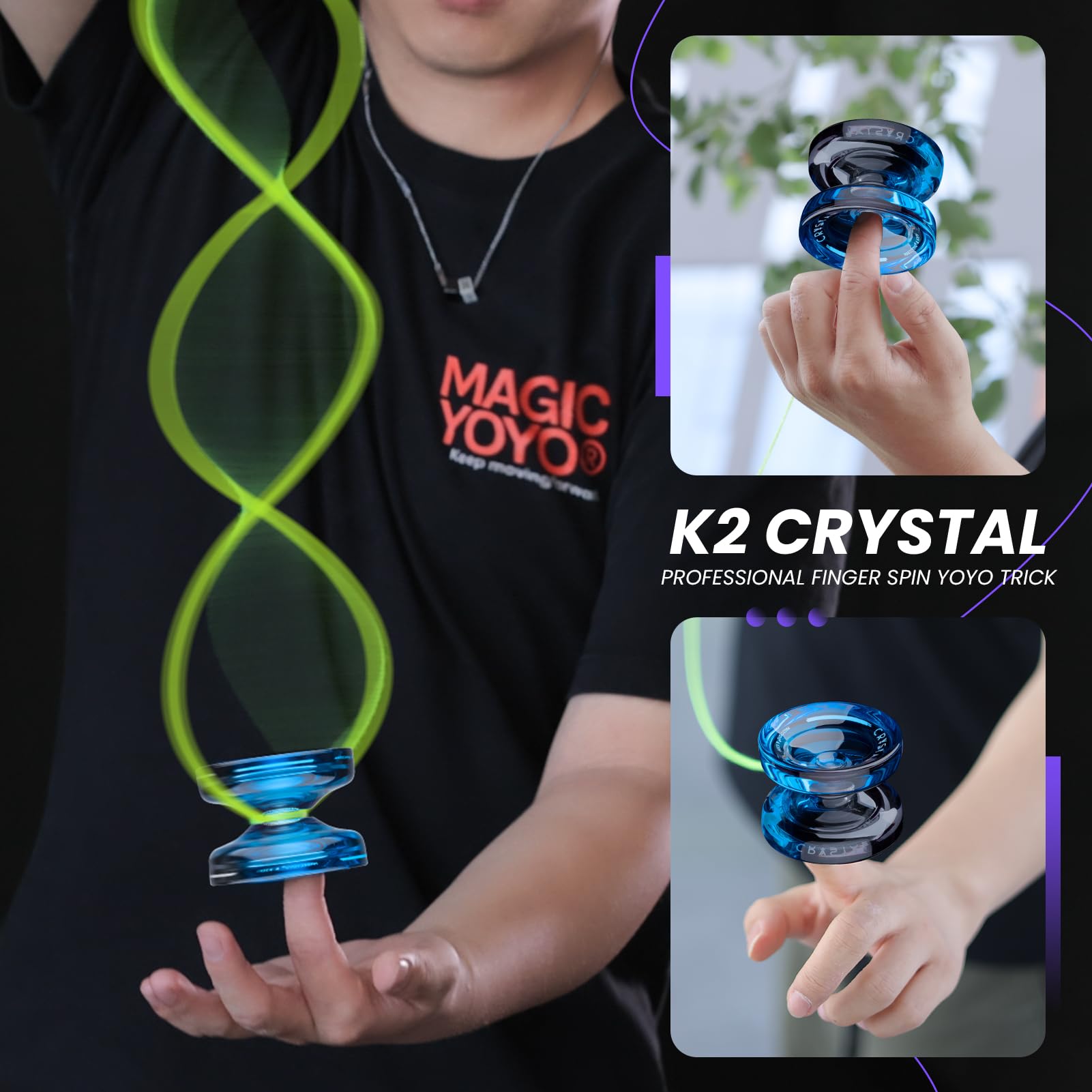 MAGICYOYO Yoyo reattivo per bambini K2 Crystal Black Blue, 2 in 1 - Yo Yo Yo reattivo e non responsivo, Yoyo trucco con rotazione delle dita con cuscinetto non responsivo, 12 corde, borsa Yo-Yo