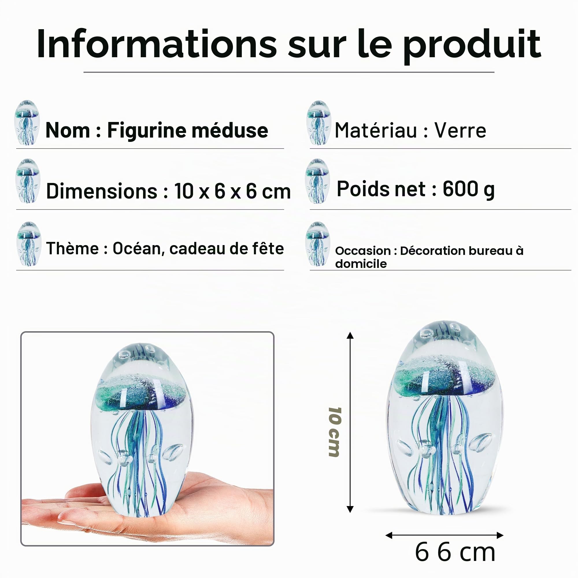 EUSTUMA Ornement de Figurine de méduse en Verre soufflé à la Main, Collection d'animaux Marins pour Cadeau d'anniversaire, Presse-Papier en Verre