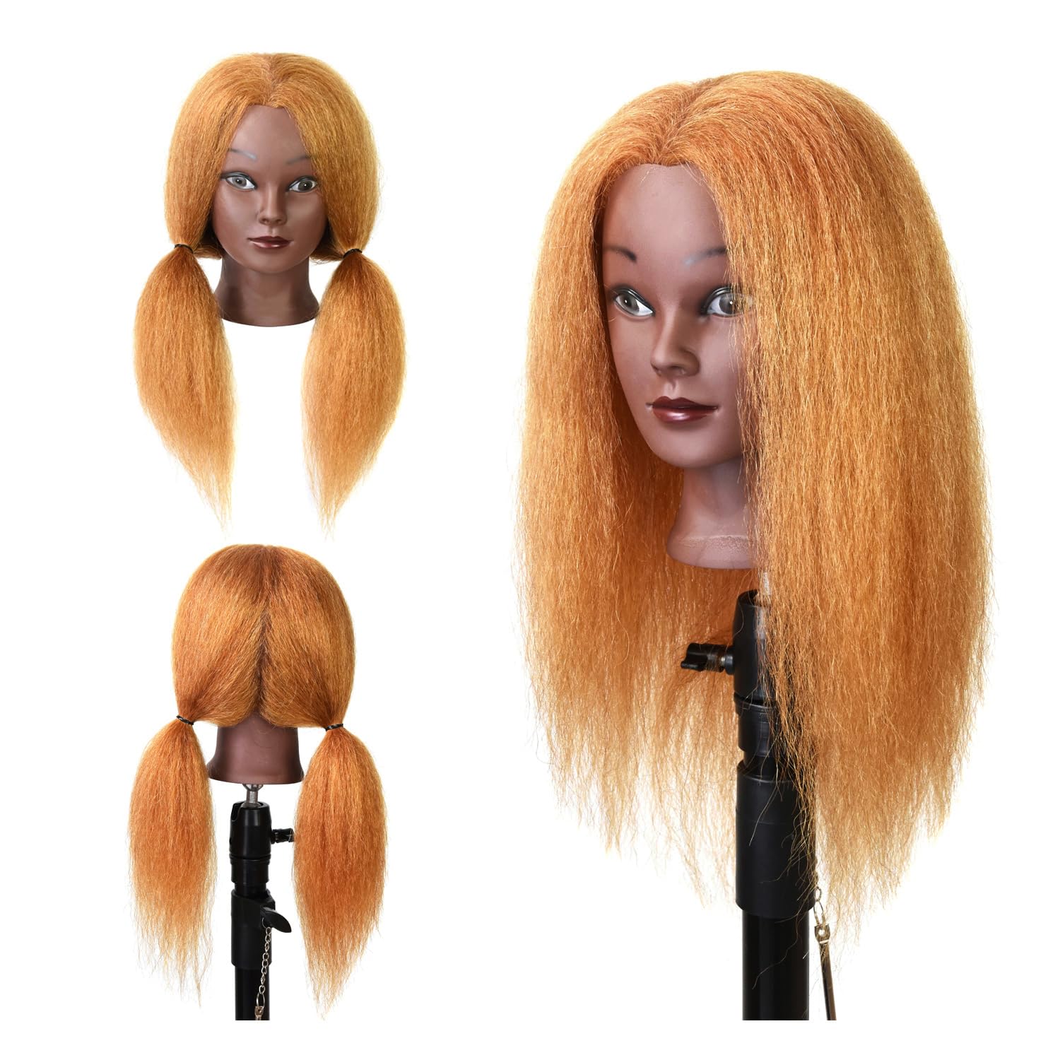 Afro Training Mannequin Head 100% Real Hair Manikin Practice Styling Head Cosmetology Doll Head for Braiding with Wig Clamp Stand (14 Inches Golden) - Image 2