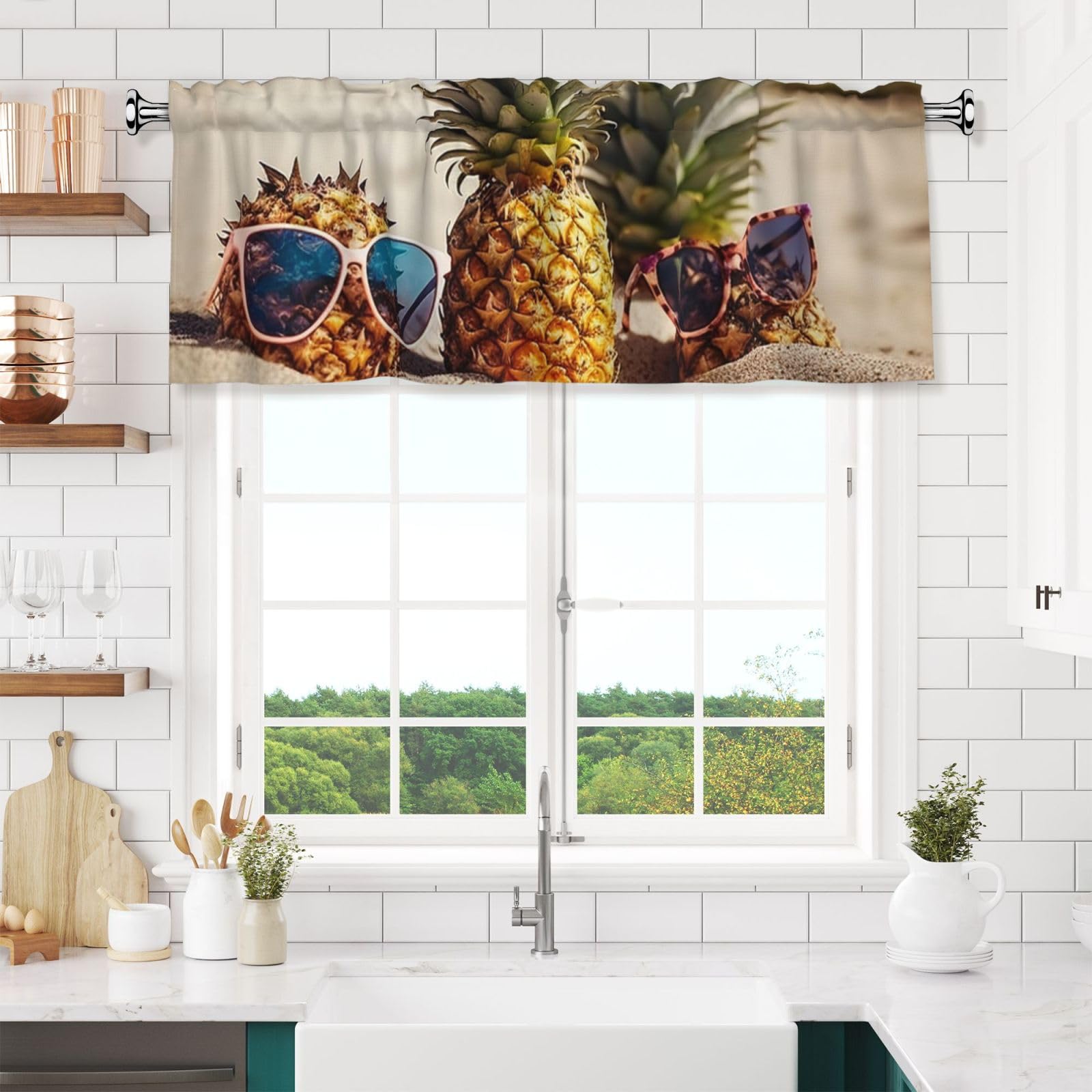 Pineapple Sunglasses Sand Beach Valances for Windows Short Curtains Rod Pocket Cafe Window Treatments Valance Curtains for Kitchen Bathroom Laundry Basement Windows 54x18inch Blackout Window Valance