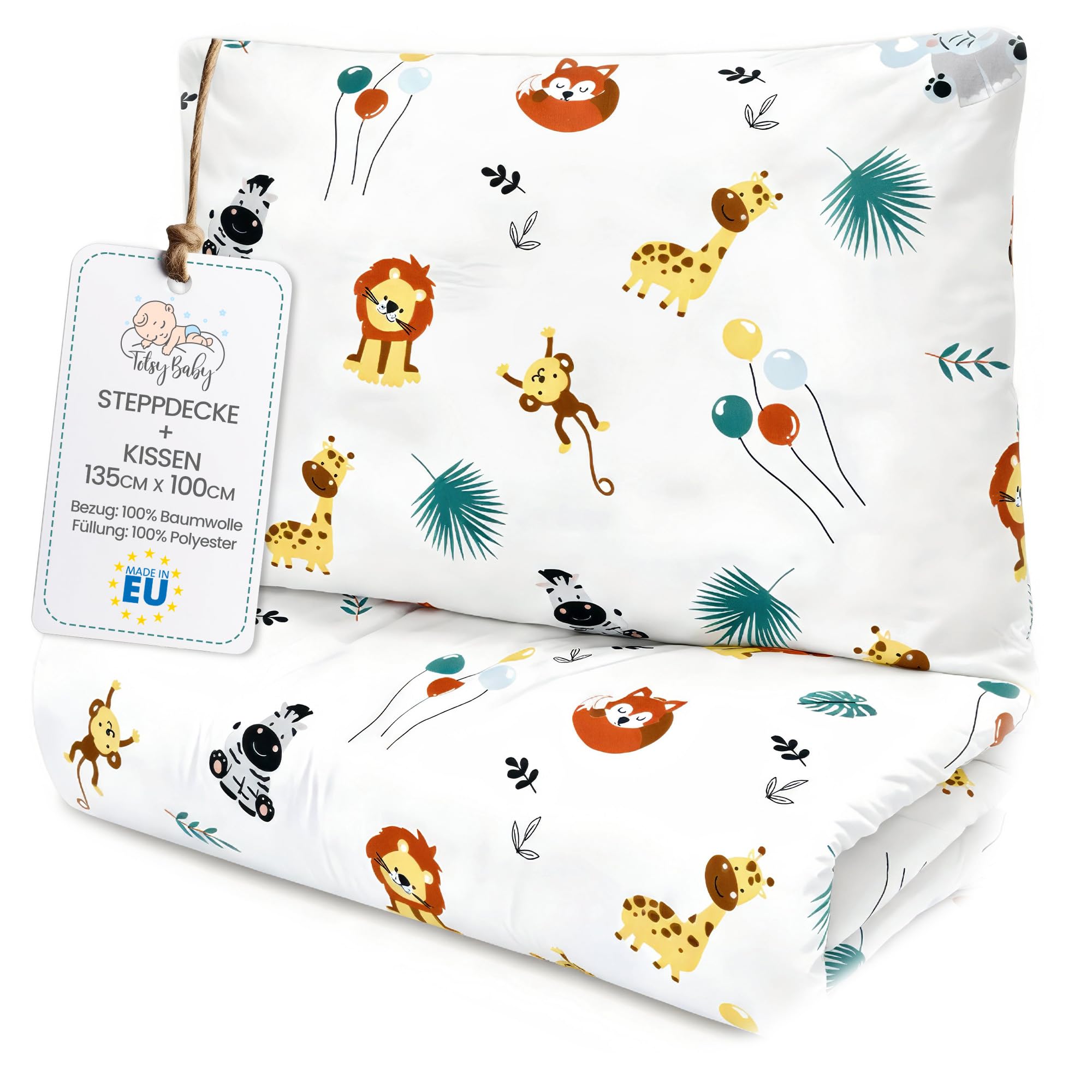 Totsy Baby Trapunta per bambino cotone 100x135 - piumono culla neonato set Imbottitura per piumone 100 x 135 cm con cuscino 40 x 60 cm per ragazzi e ragazze Oeko-Tex Safari