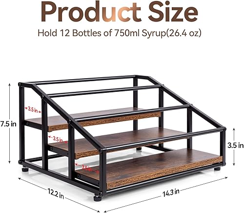 Miniatura 3 de Estante organizador de jarabe de café, estante de exhibición de botellas de licor, 3 niveles para 12 botellas de jarabe, soporte para cafetería,
