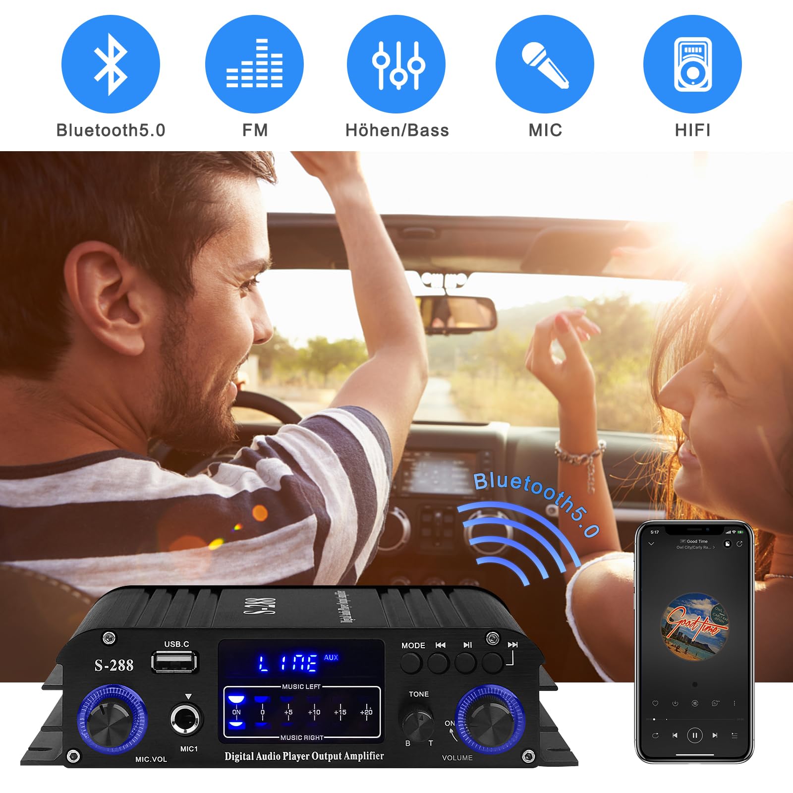 Amplificatore Audio, S-288 600W Mini Bluetooth Hifi Stereo Audio Amplificatore Ricevitore 12V/220V 4 Canali Stereo Casa di Potenza Digitale w/Display LCD,Radio FM,BT,Ingresso USB,per Casa o Auto