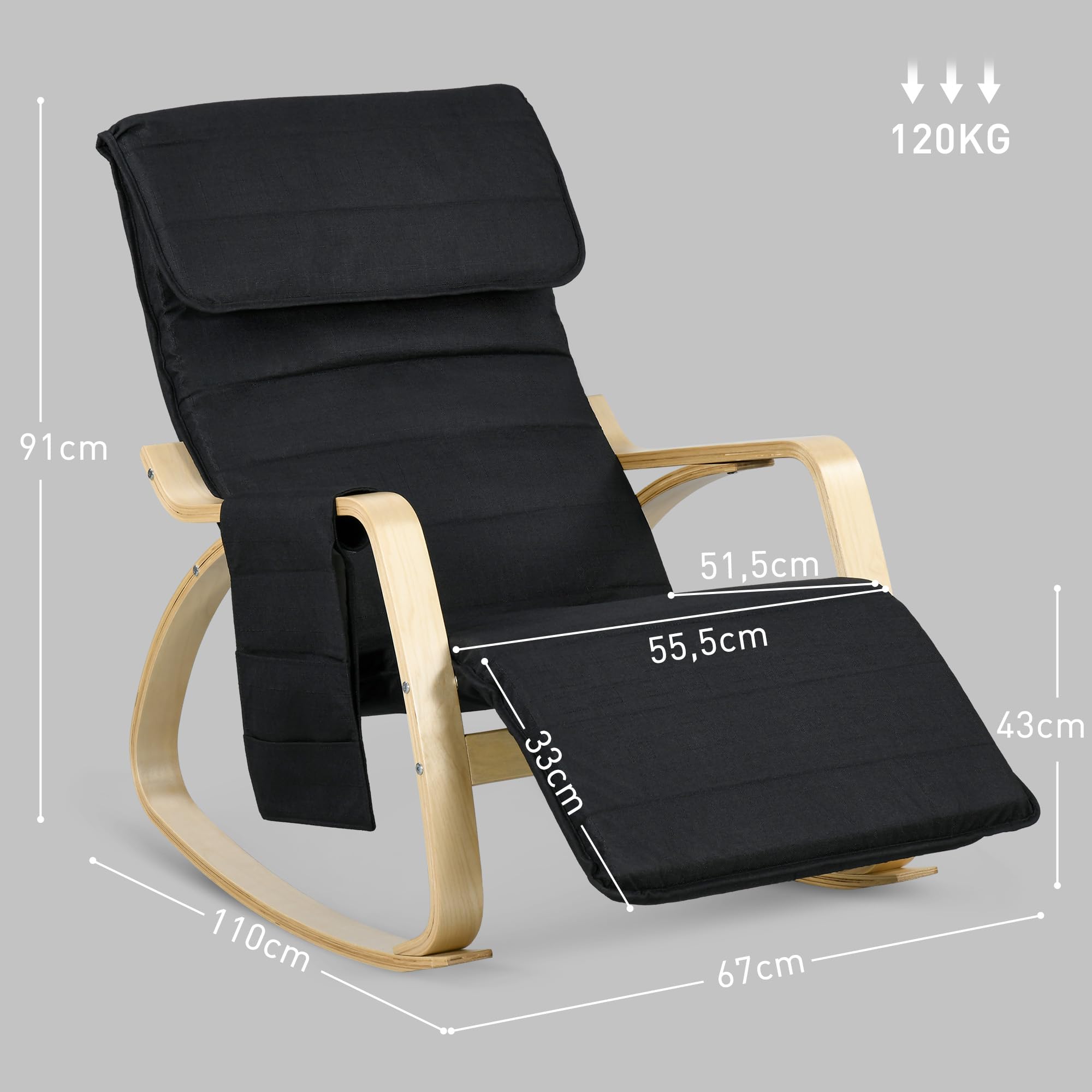 HOMCOM Fauteuil à Bascule Fauteuil Allaitement Relax Salon avec Repose-Pieds réglable, Poche latérale et Appui-tête, Rocking Chair pour Chambre, 67 x 110 x 91 cm Noir