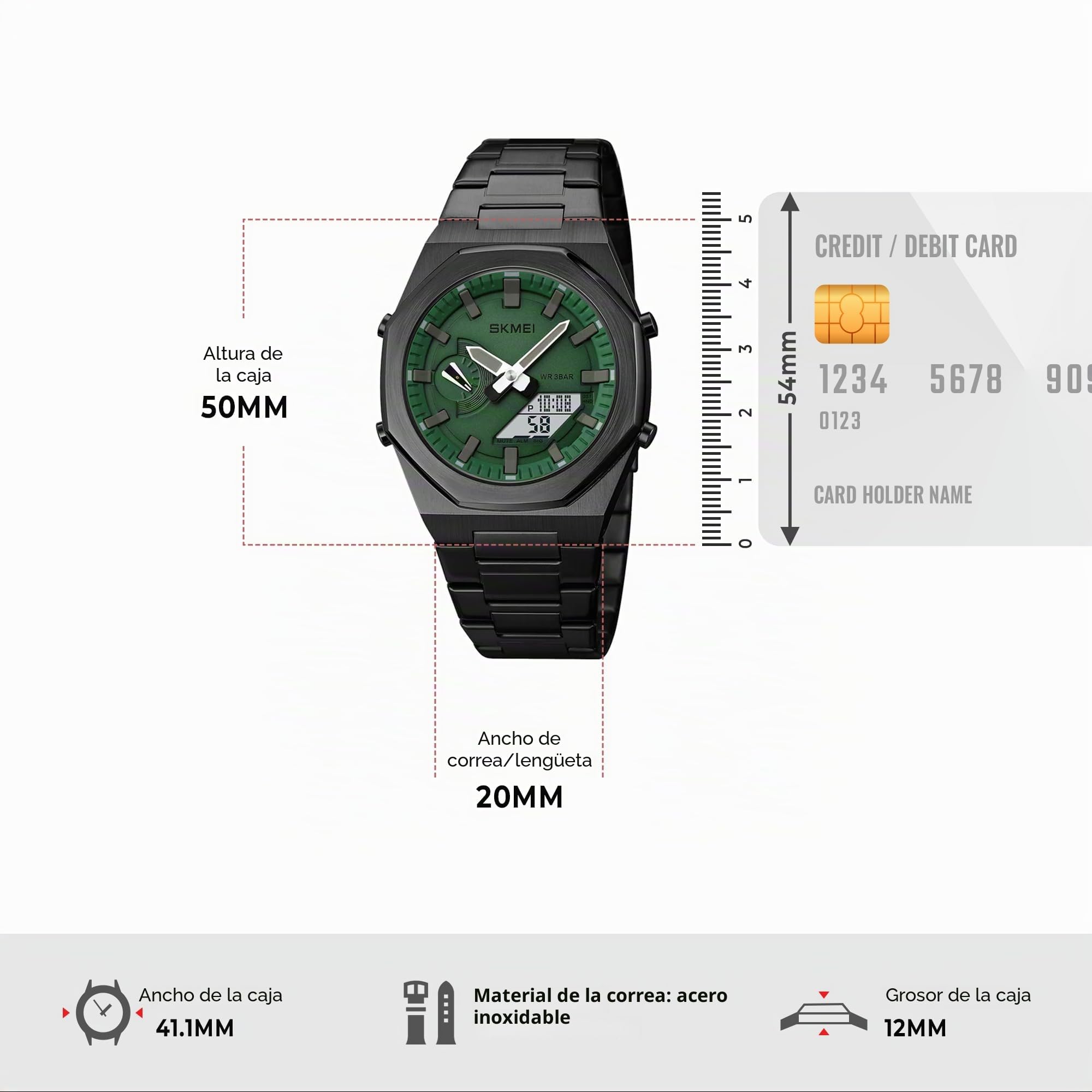 SKMEI Reloj electrónico de doble pantalla para hombre, luminoso, resistente al agua hasta 50 m, reloj deportivo multifuncional para hombre, 1816