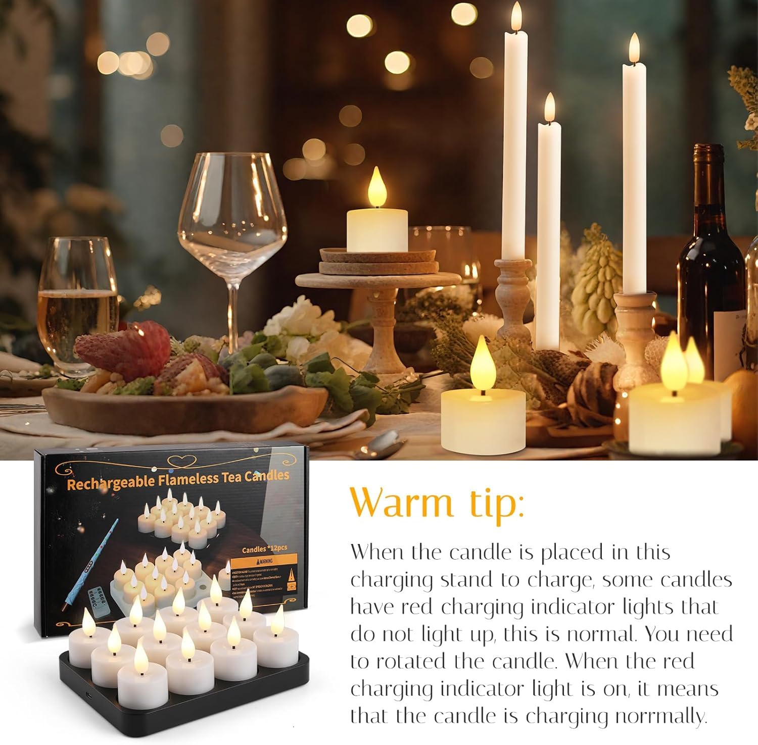 led teelichter Flammenlose kerzen aufladbar mit Zauberstab fernbedienung timer,12pcs aufladbare teelichter mit ladestation für Zimmer Wohnzimmer Halloween Kürbis Weihnachten Party Deko