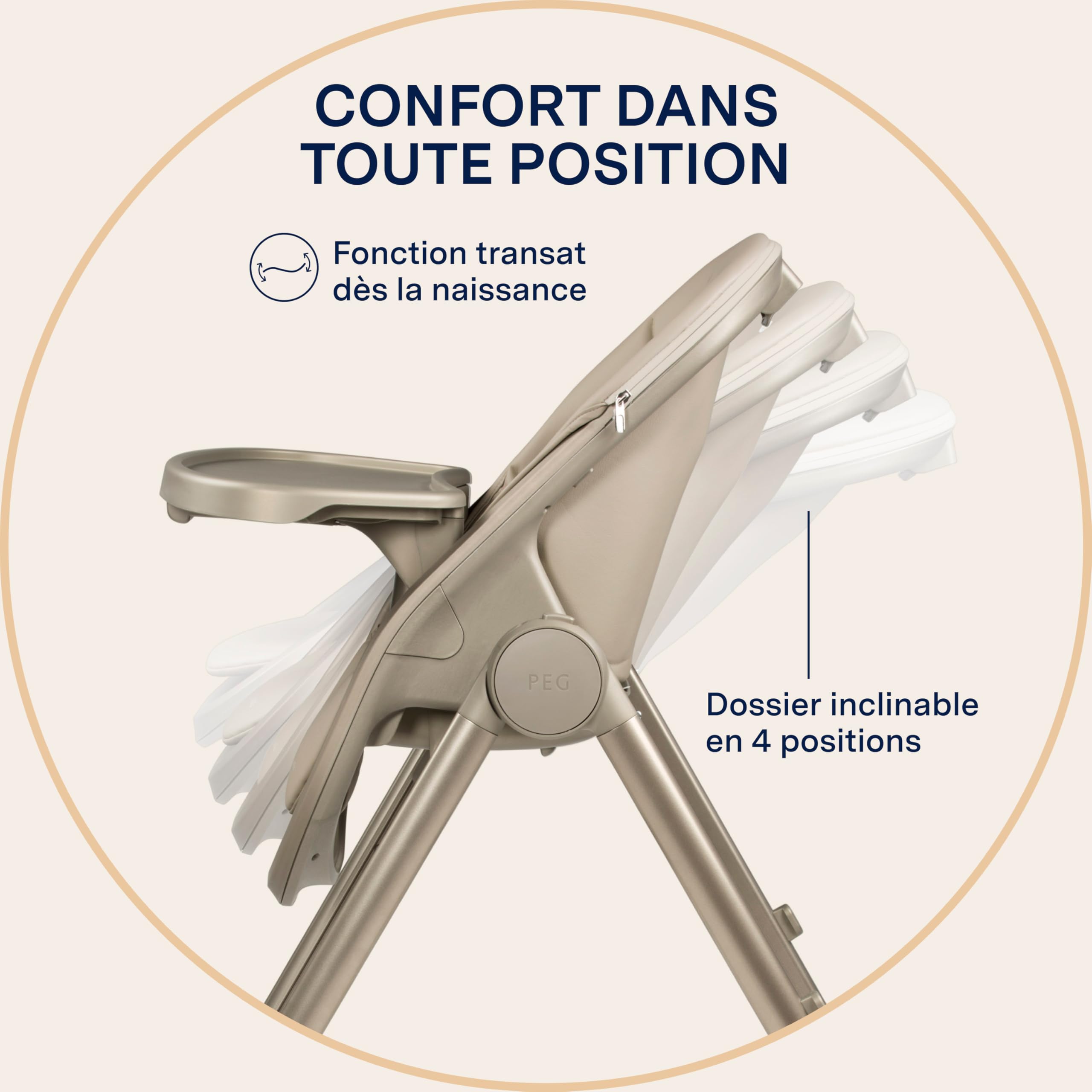 PEG Living Chaise Haute dès la Naissance, Design Contemporain, Fonction Transat, Hauteur Réglable, Double Plateau, 4 Roues 360°, Fermeture Compacte, 0–3 Ans (0–15 kg), Space Sand