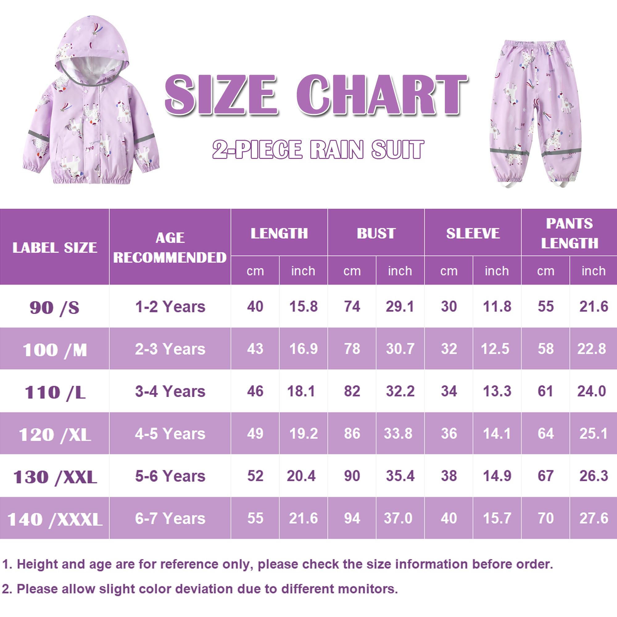 Impermeable Chubasquero Niñas - Abrigos Impermeables & Pantalones Conjunto de 2 Piezas, Niñas Chaqueta de Lluvia con Capucha Pantalones Impermeables Reutilizable Traje Impermeable para 1-7 Años