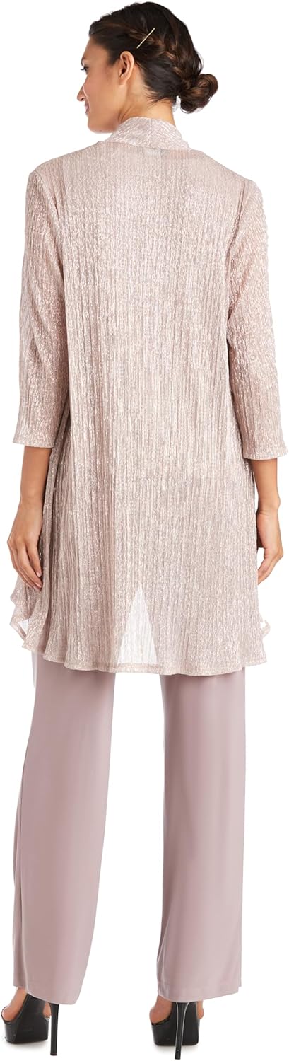 R&M Richards Women's 3-Piece Crinkle Pant Set | Duster Jacket, Straight Pants & Tank Top W/Necklace - Elegant Evening Outfit - Image 5